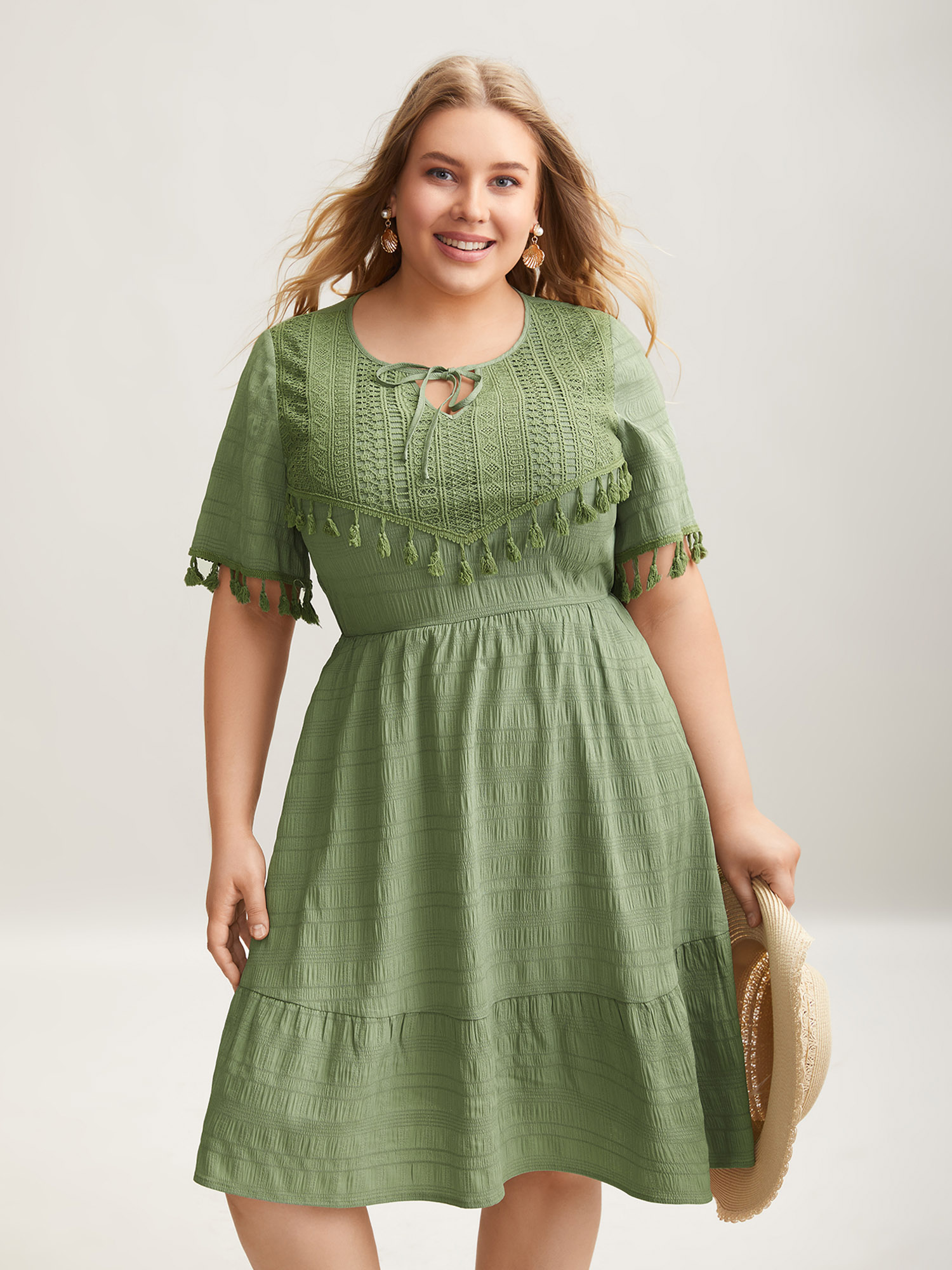 

Plus Size Lace Neck-Tie Pockets Tiered Midi Dress Greenbean Women Resort Woven ribbon&lace trim Round Neck Short sleeve Curvy BloomChic