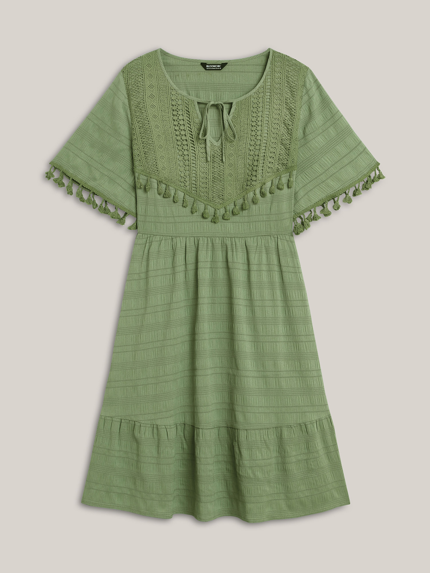 

Plus Size Lace Neck-Tie Pockets Tiered Midi Dress Greenbean Women Resort Woven ribbon&lace trim Round Neck Short sleeve Curvy BloomChic