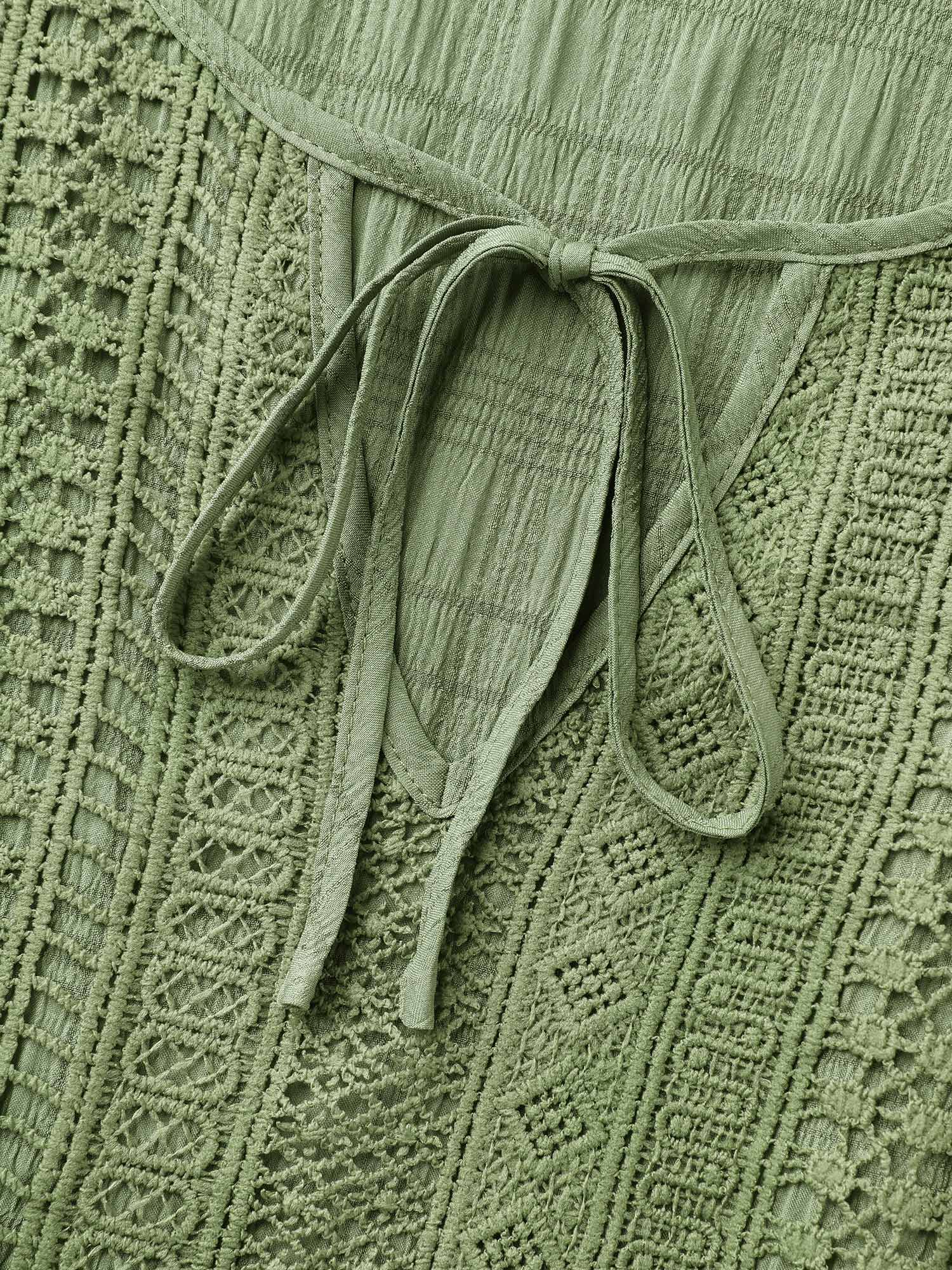 Plus Size Lace Neck-Tie Pockets Tiered Midi Dress Greenbean Women Resort Woven ribbon&lace trim Round Neck Short sleeve Curvy BloomChic 26/4X 