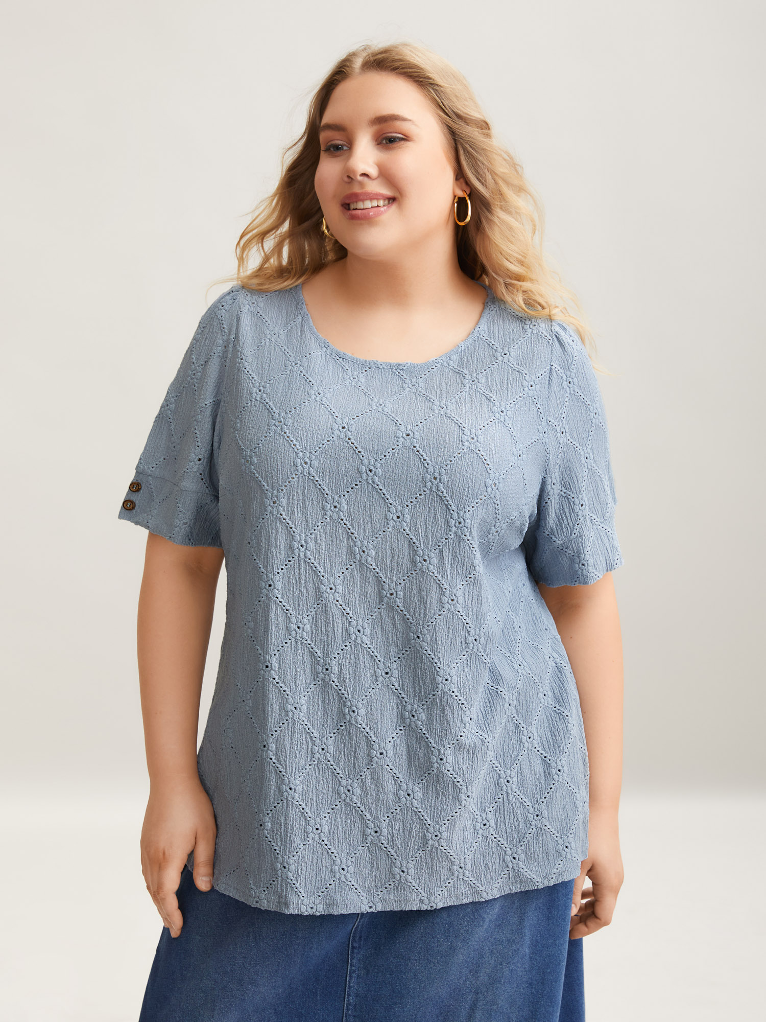 

Plus Size Textured Puffy Sleeve Buttons T-Shirt Stone Women Casual Texture Round Neck Everyday T-shirts BloomChic