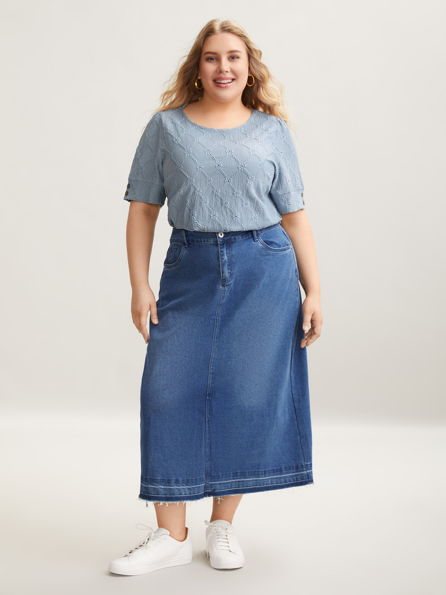 Plus Size Textured Puffy Sleeve Buttons T-Shirt Stone Women Casual Texture Round Neck Everyday T-shirts BloomChic 28/5X 