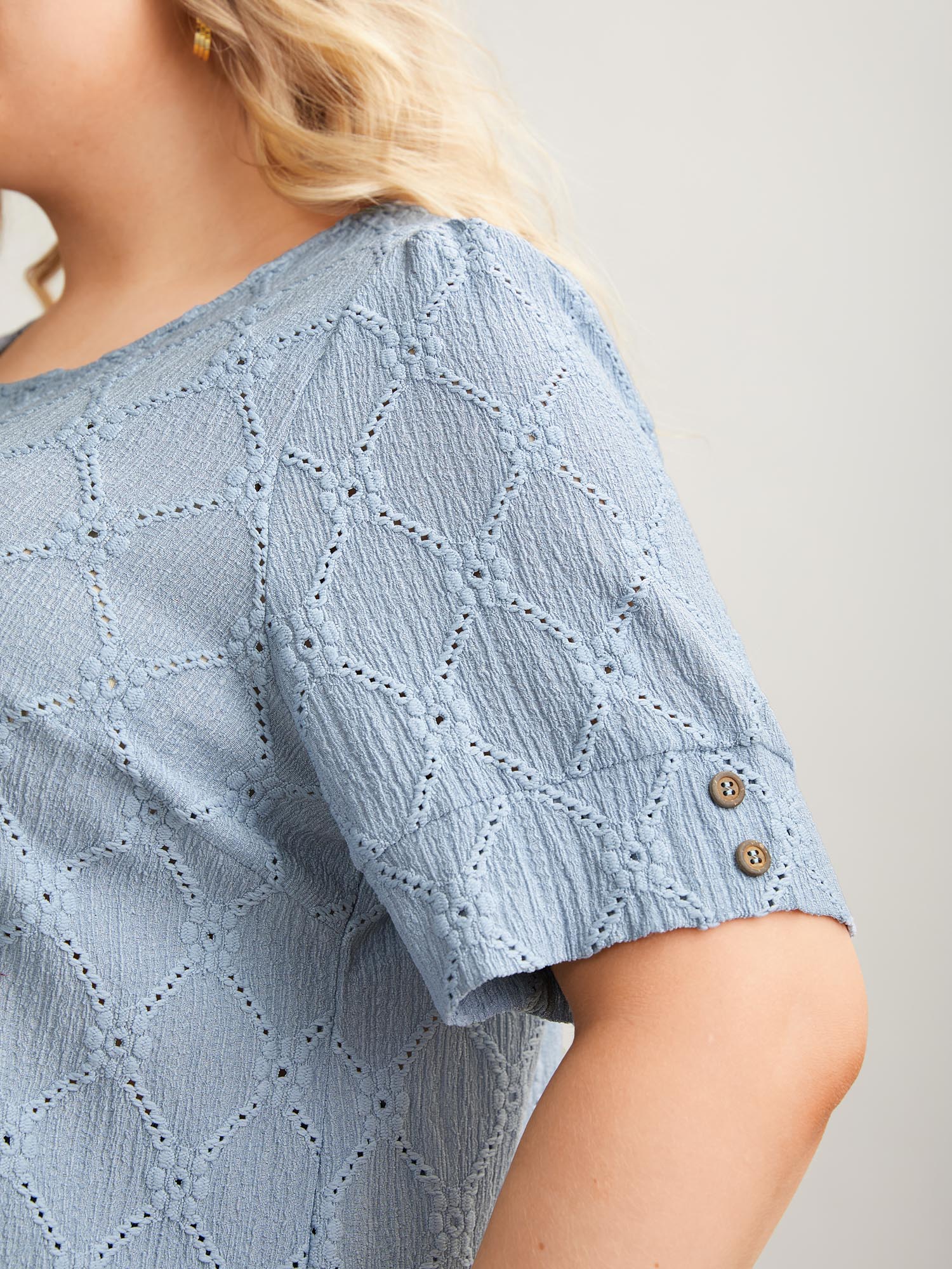 Plus Size Textured Puffy Sleeve Buttons T-Shirt Stone Women Casual Texture Round Neck Everyday T-shirts BloomChic 28/5X 