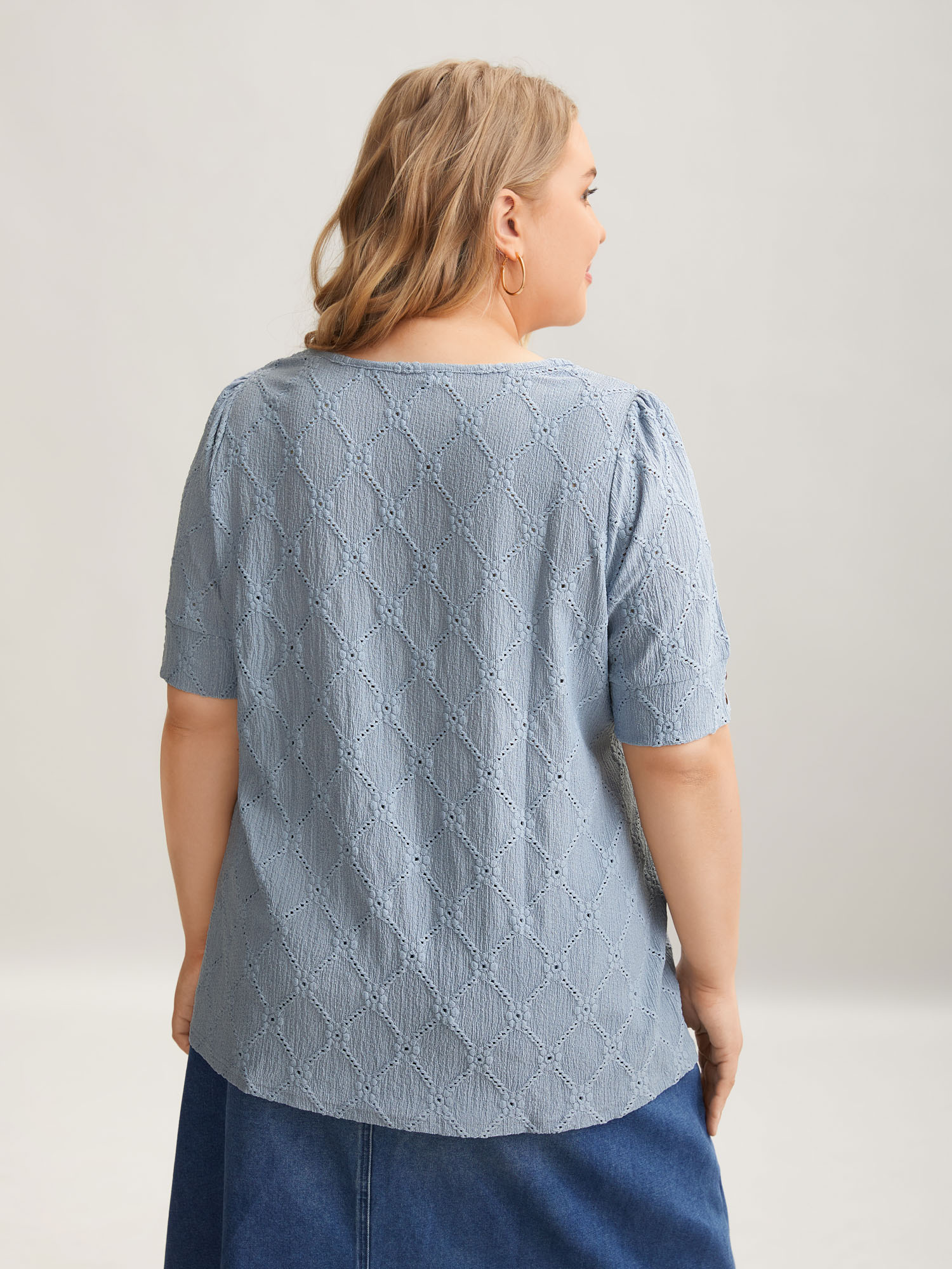 Plus Size Textured Puffy Sleeve Buttons T-Shirt Stone Women Casual Texture Round Neck Everyday T-shirts BloomChic 28/5X 