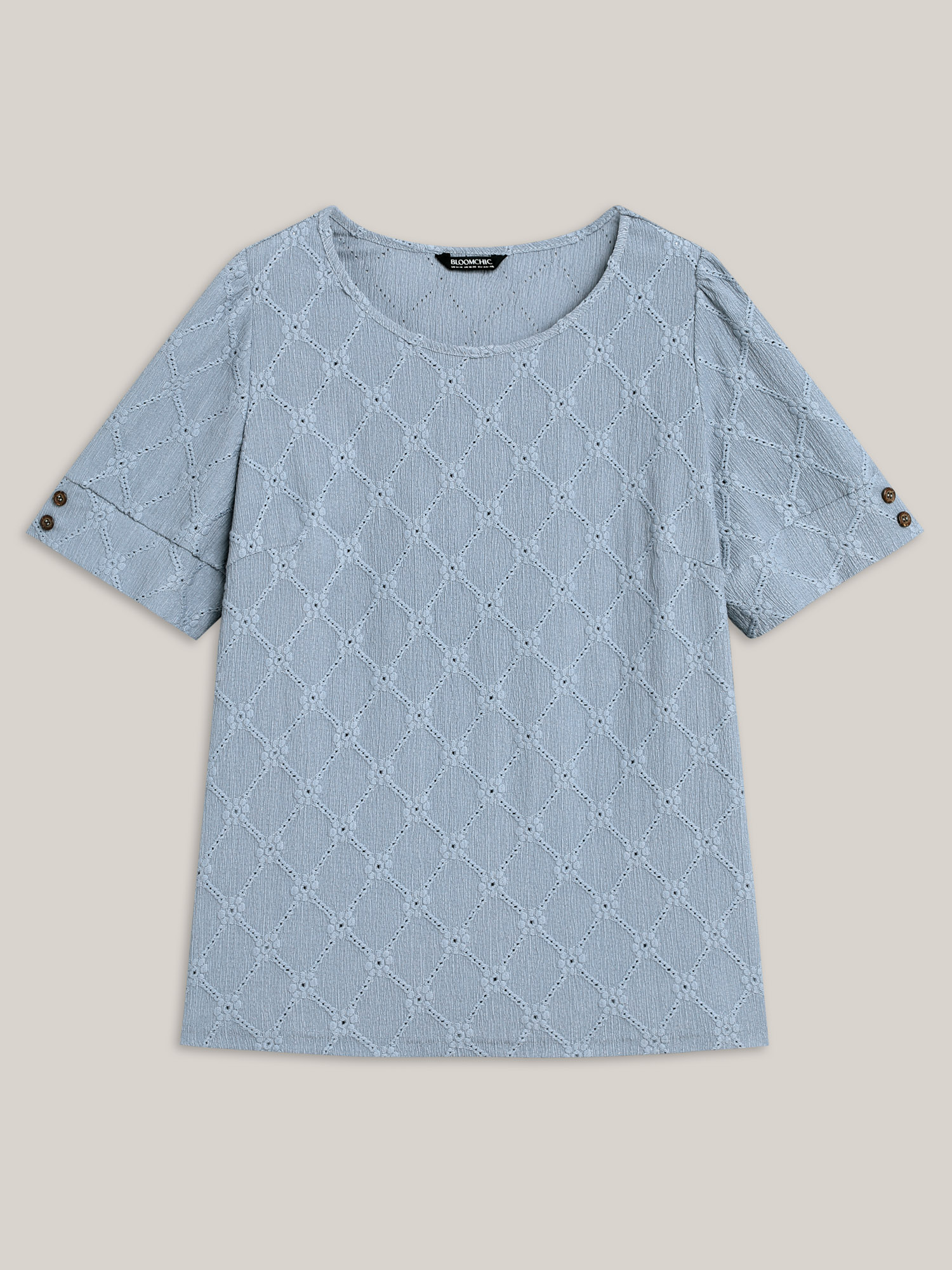 Plus Size Textured Puffy Sleeve Buttons T-Shirt Stone Women Casual Texture Round Neck Everyday T-shirts BloomChic 28/5X 