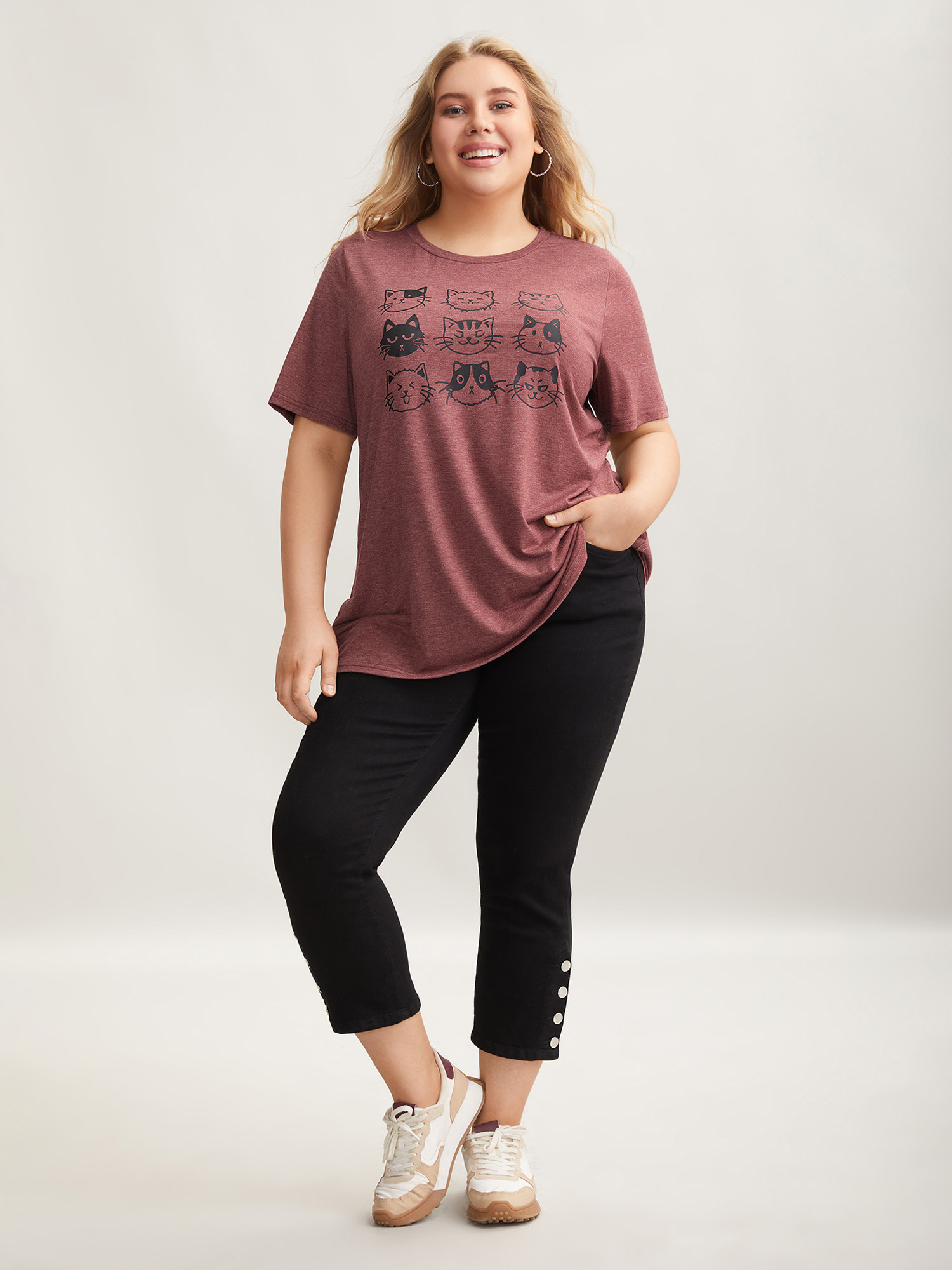 Plus Size Playful Cats Print Crew Neck T-Shirt Russet Women Casual Non Animals Round Neck Everyday T-shirts BloomChic 18-20/2X 