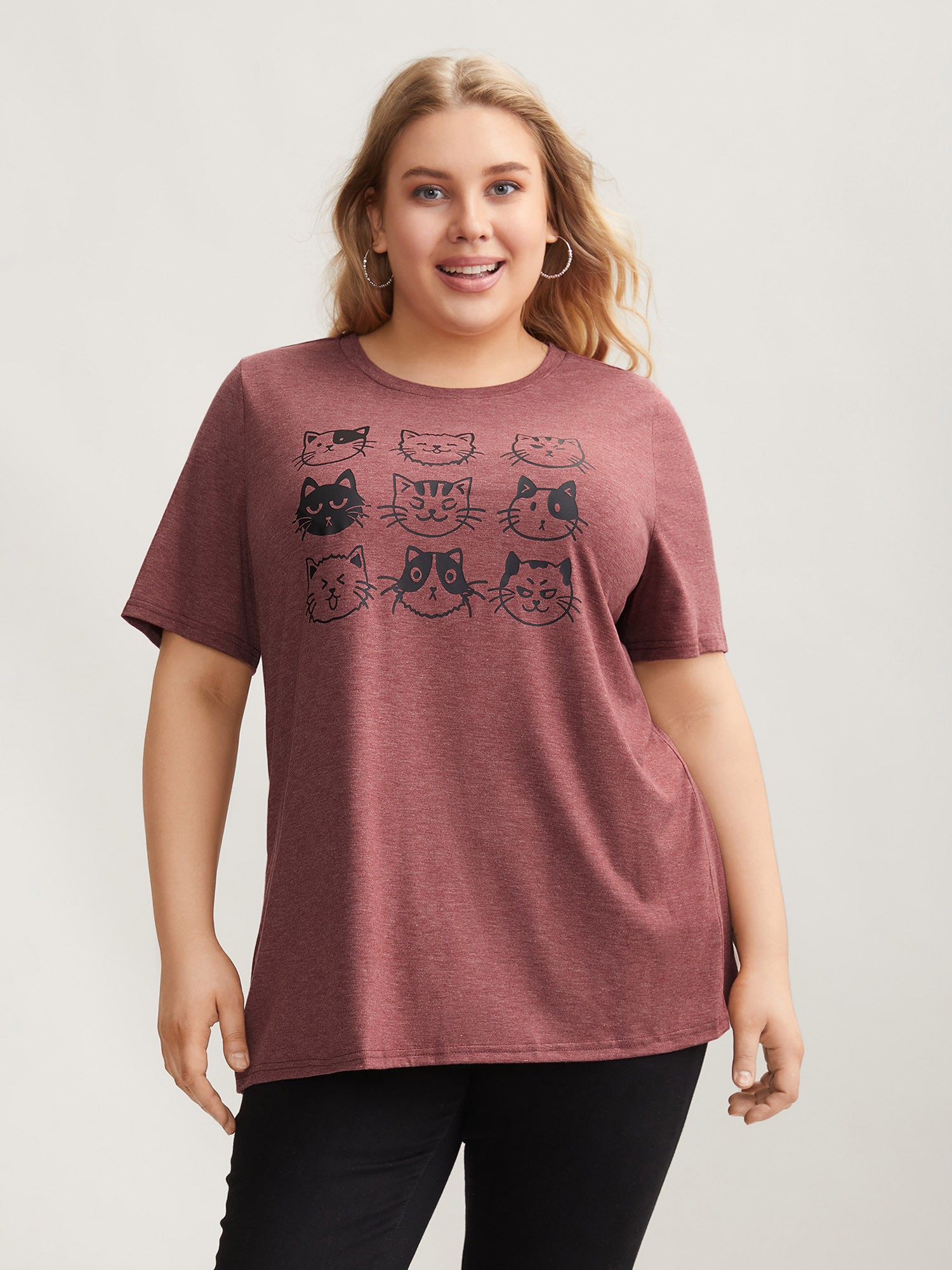 Plus Size Playful Cats Print Crew Neck T-Shirt Russet Women Casual Non Animals Round Neck Everyday T-shirts BloomChic 18-20/2X 