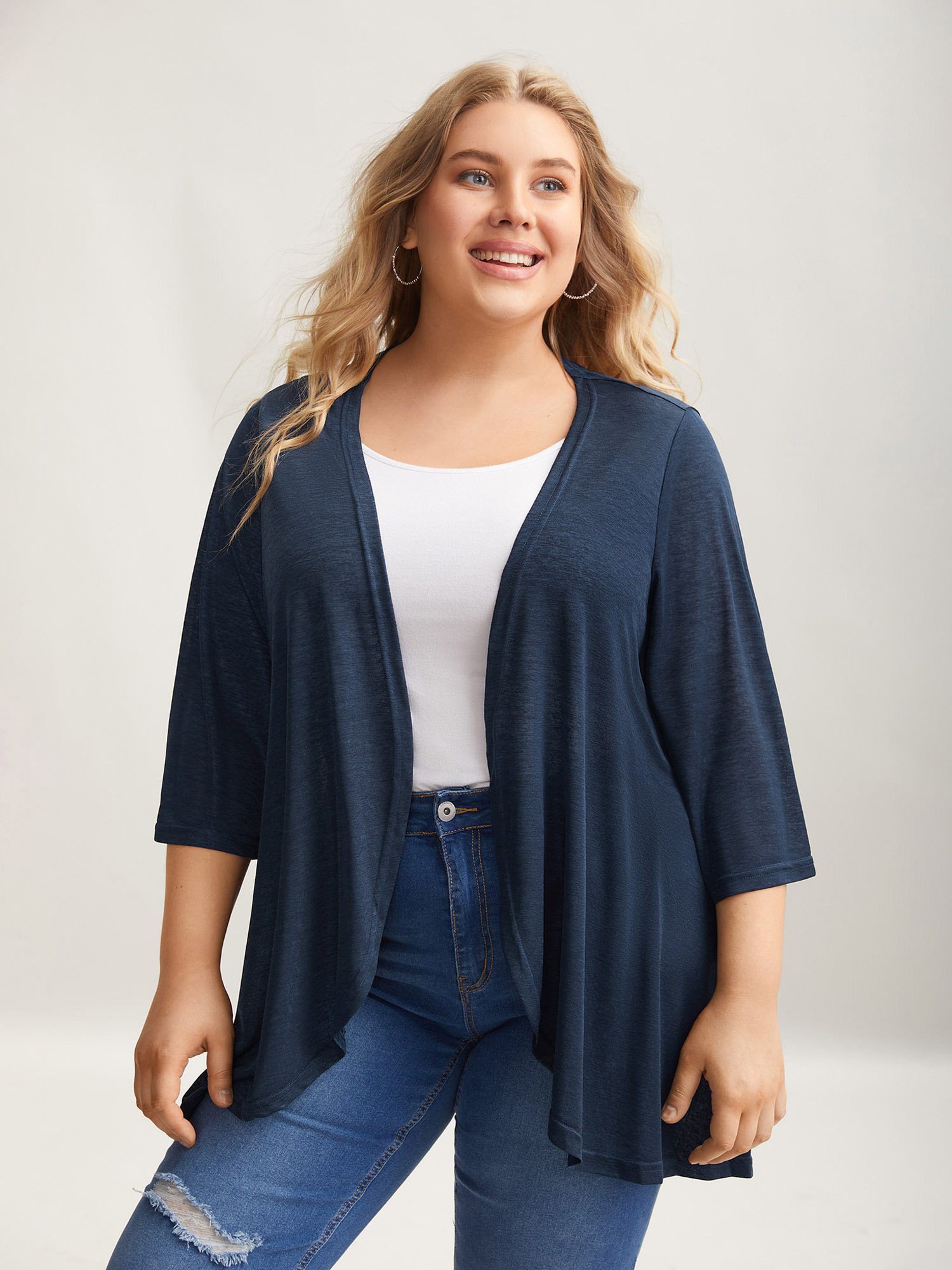 

Plus Size Textured Arc Hem Open-Front Kimono Cardigan Women Aegean Casual Texture Everyday Kimonos BloomChic