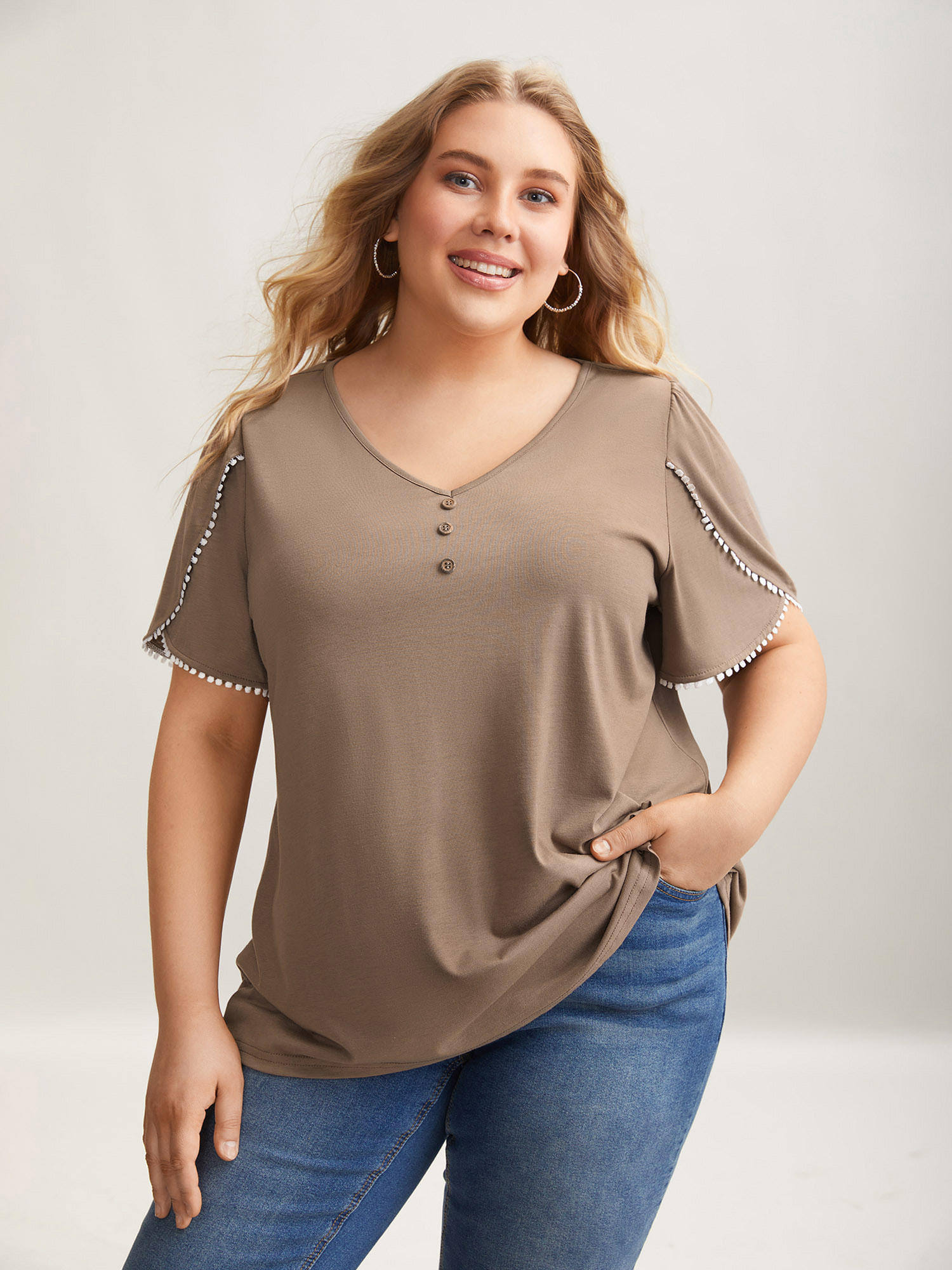 

Plus Size Petal Sleeve Lace Button Solid T-Shirt LightBrown Women Casual Petal edge V-neck Everyday T-shirts BloomChic