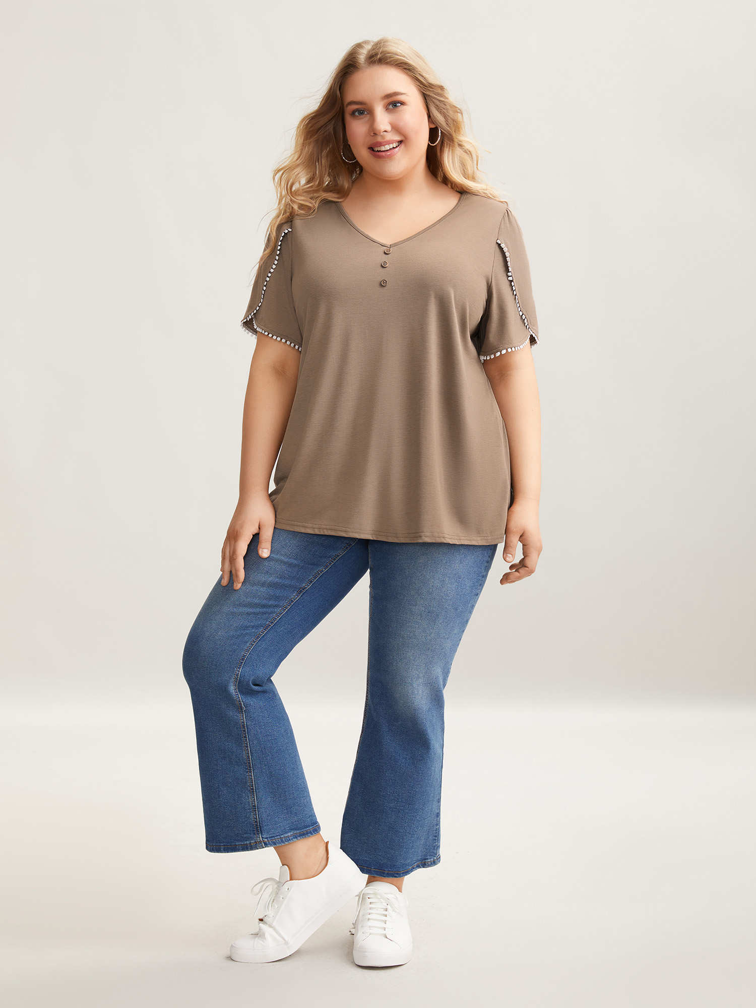 Plus Size Petal Sleeve Lace Button Solid T-Shirt LightBrown Women Casual Petal edge V-neck Everyday T-shirts BloomChic 26/4X 