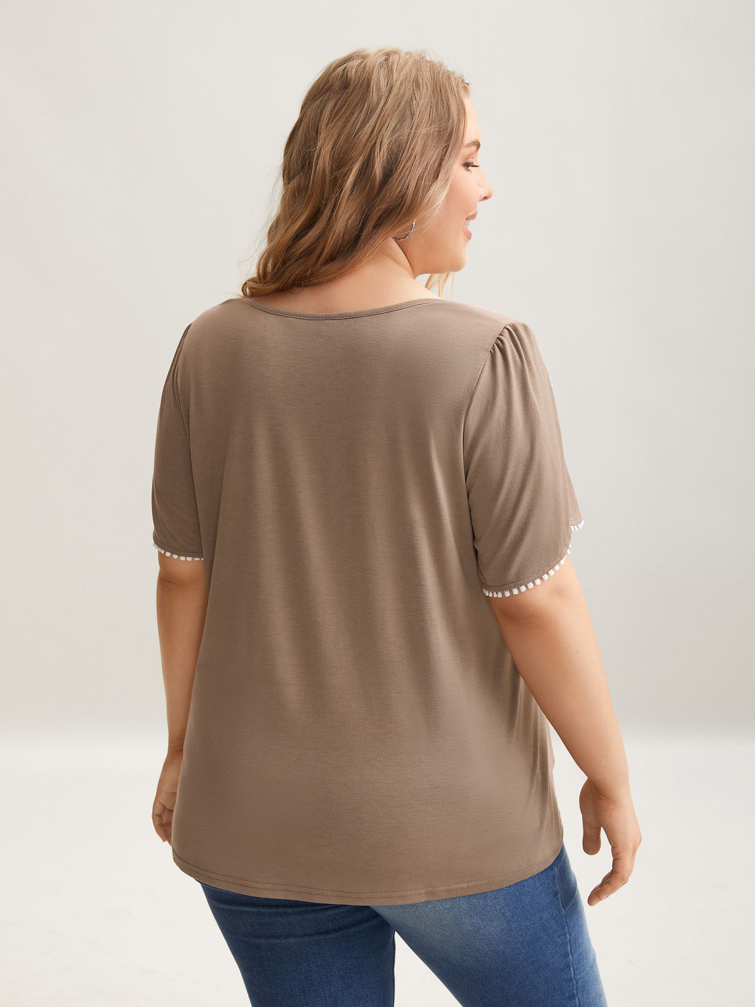 Plus Size Petal Sleeve Lace Button Solid T-Shirt LightBrown Women Casual Petal edge V-neck Everyday T-shirts BloomChic 26/4X 