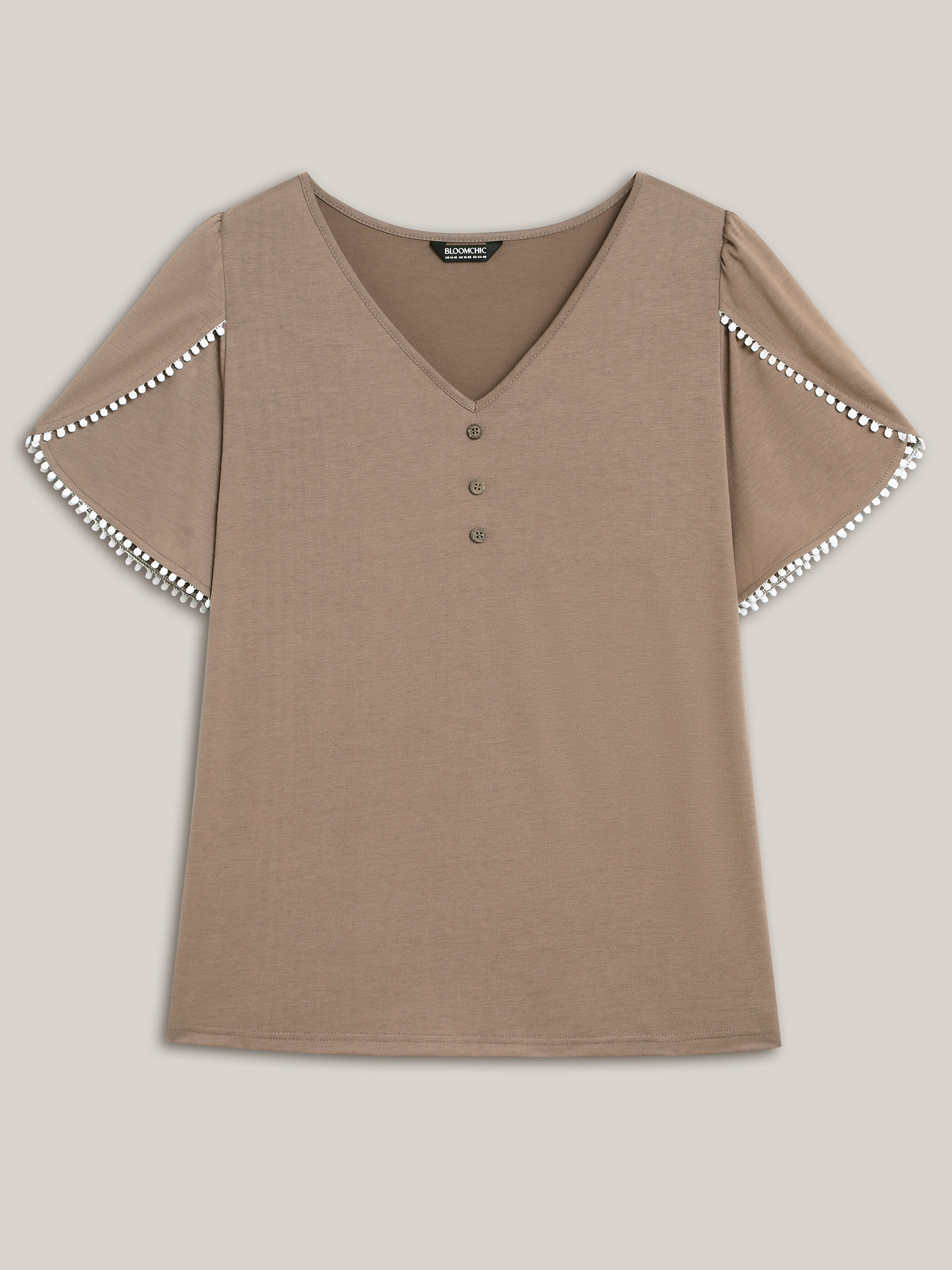 Plus Size Petal Sleeve Lace Button Solid T-Shirt LightBrown Women Casual Petal edge V-neck Everyday T-shirts BloomChic 26/4X 
