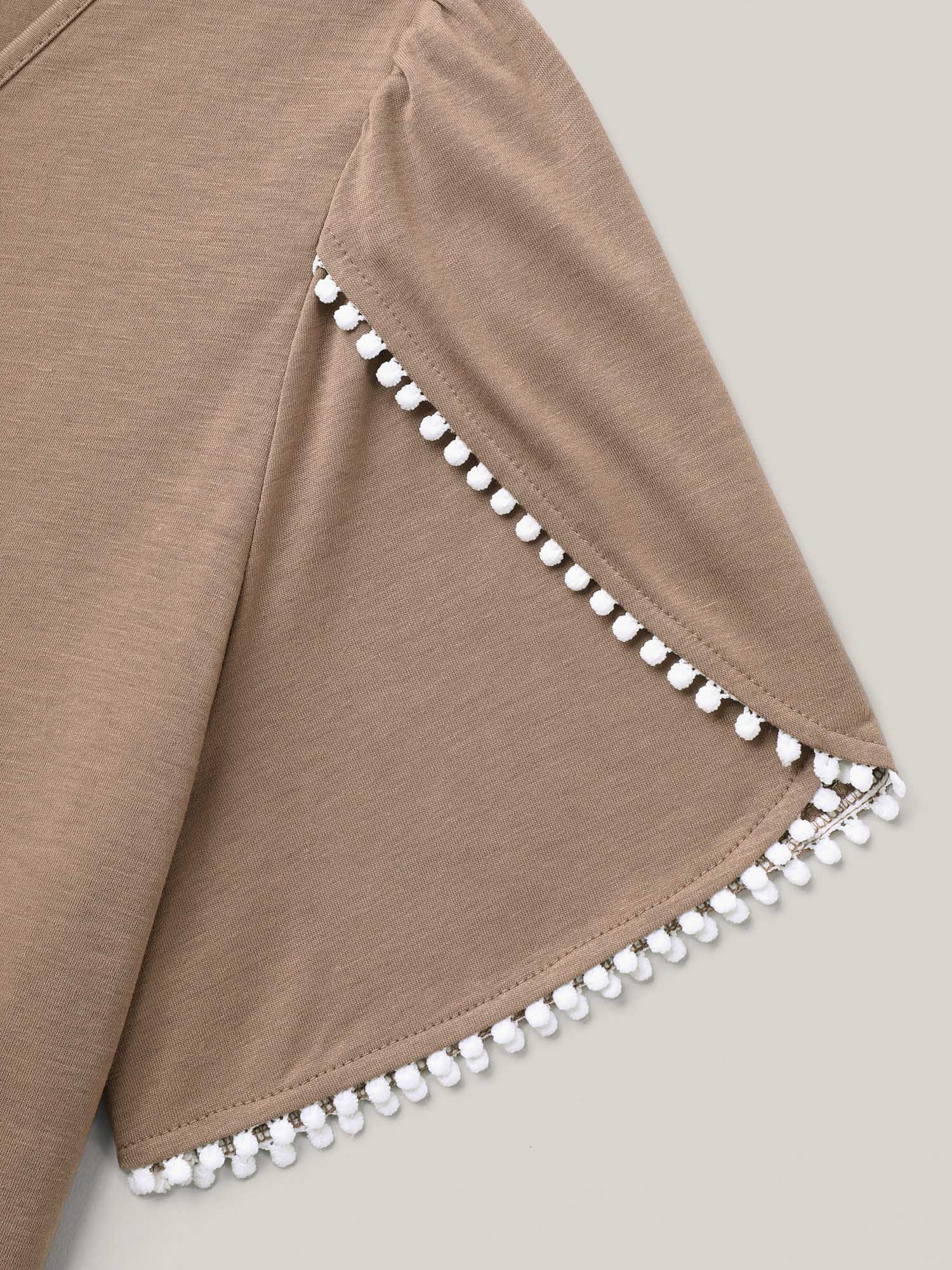 Plus Size Petal Sleeve Lace Button Solid T-Shirt LightBrown Women Casual Petal edge V-neck Everyday T-shirts BloomChic 26/4X 