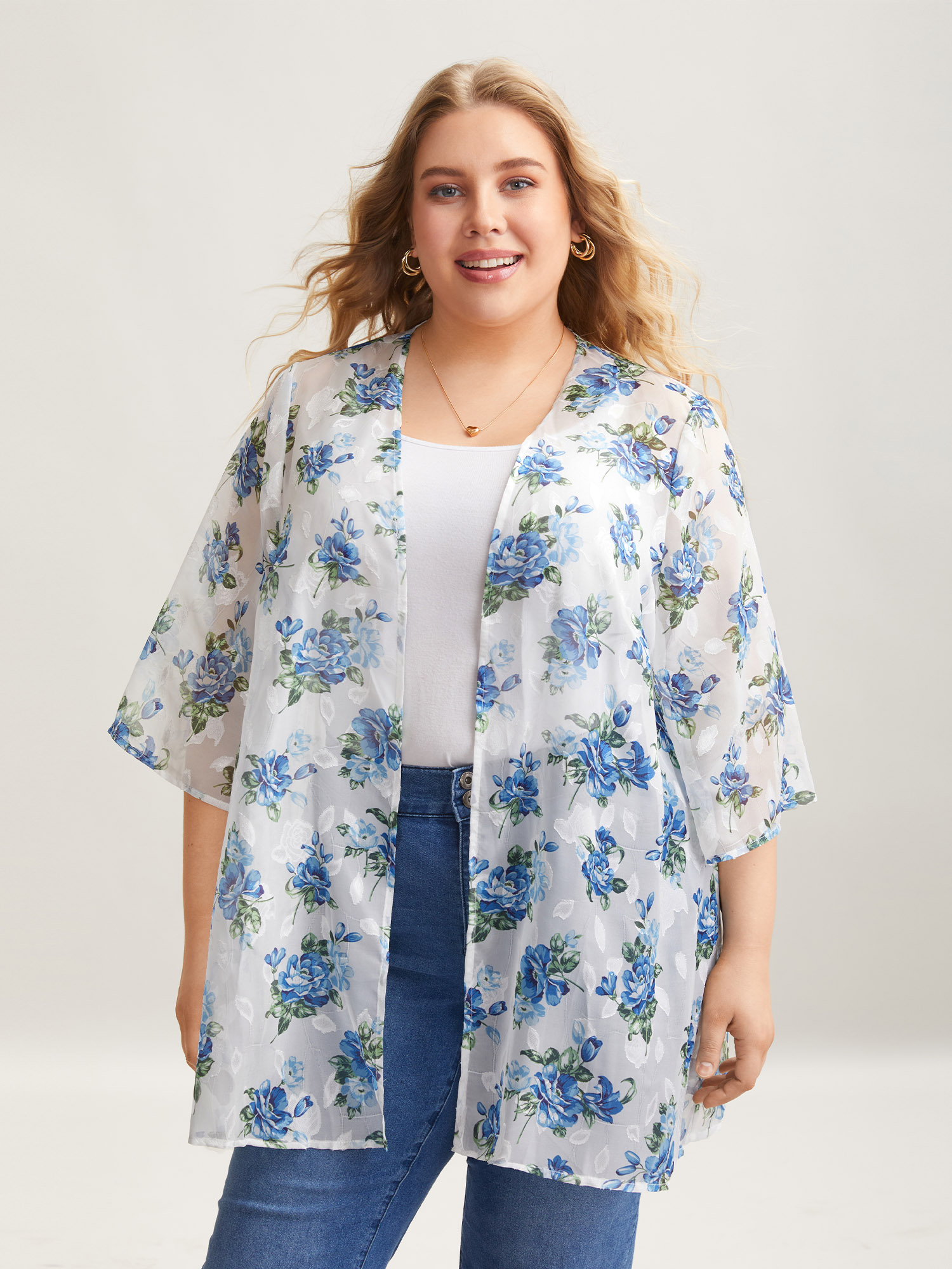 

Plus Size Textured Printed Puff Sleeve Kimono Cardigan Women Originalwhite Elegant Texture Loose Everyday Kimonos BloomChic