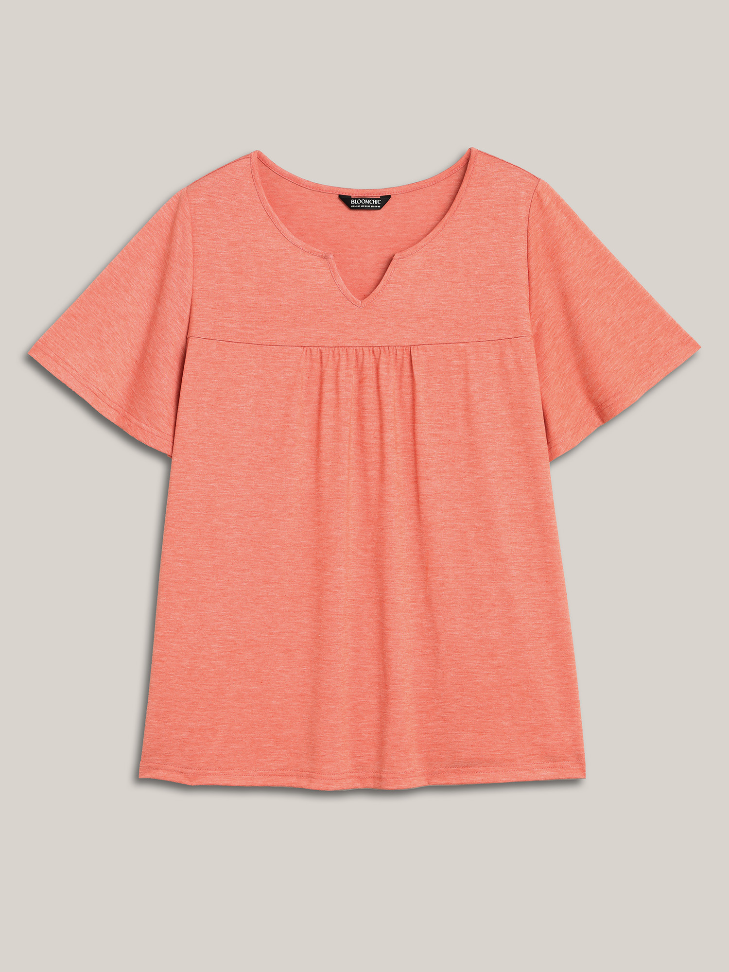 

Plus Size Heathered Split Neckline Plain T-Shirt Coral Women Casual Gathered Notched collar Everyday T-shirts BloomChic