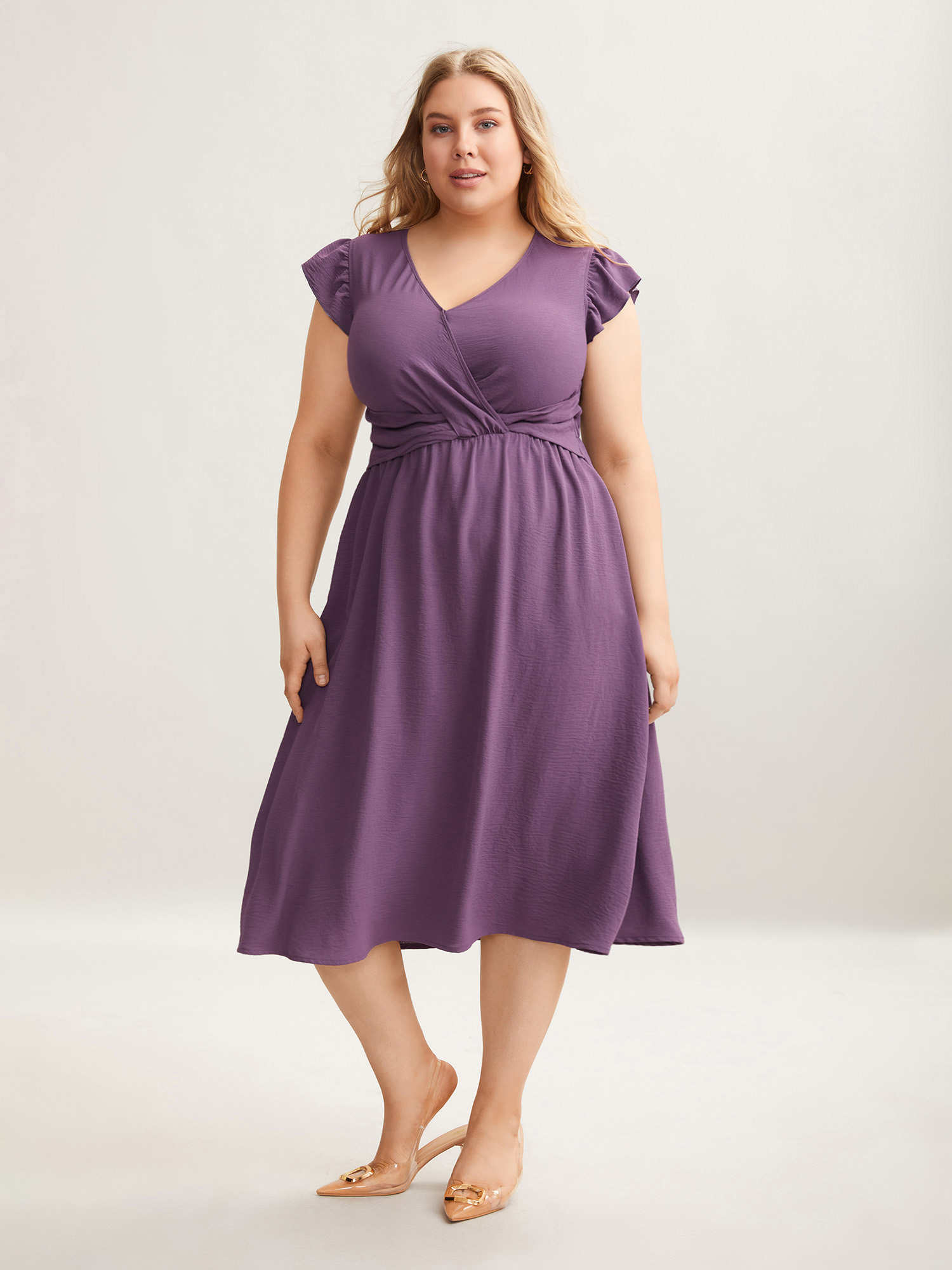 

Plus Size Solid Surplice Neck Pockets Midi Dress Mauve Women At the Office Twist Overlap Collar Cap Sleeve Curvy BloomChic