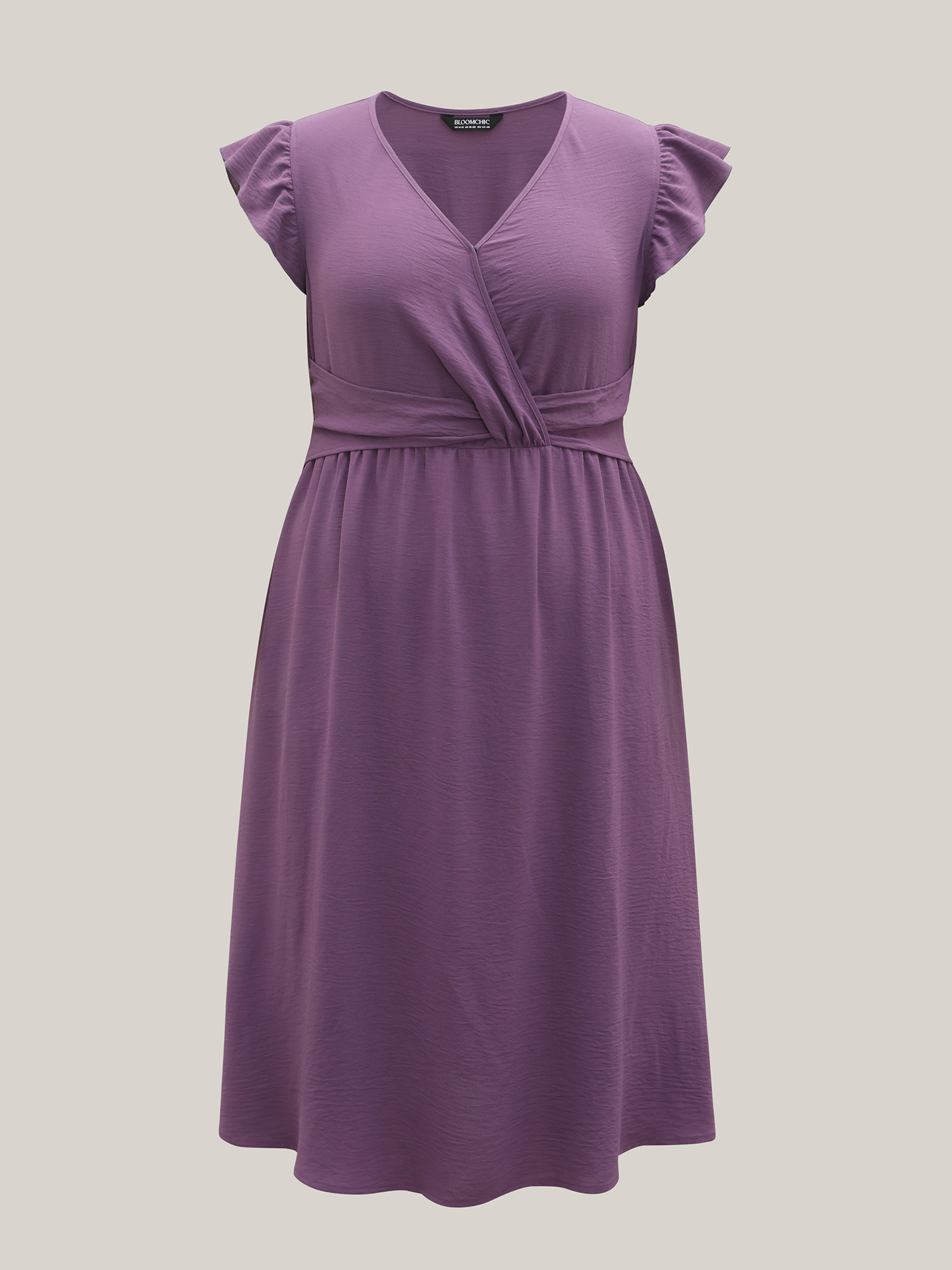 

Plus Size Solid Surplice Neck Pockets Midi Dress Mauve Women At the Office Twist Overlap Collar Cap Sleeve Curvy BloomChic