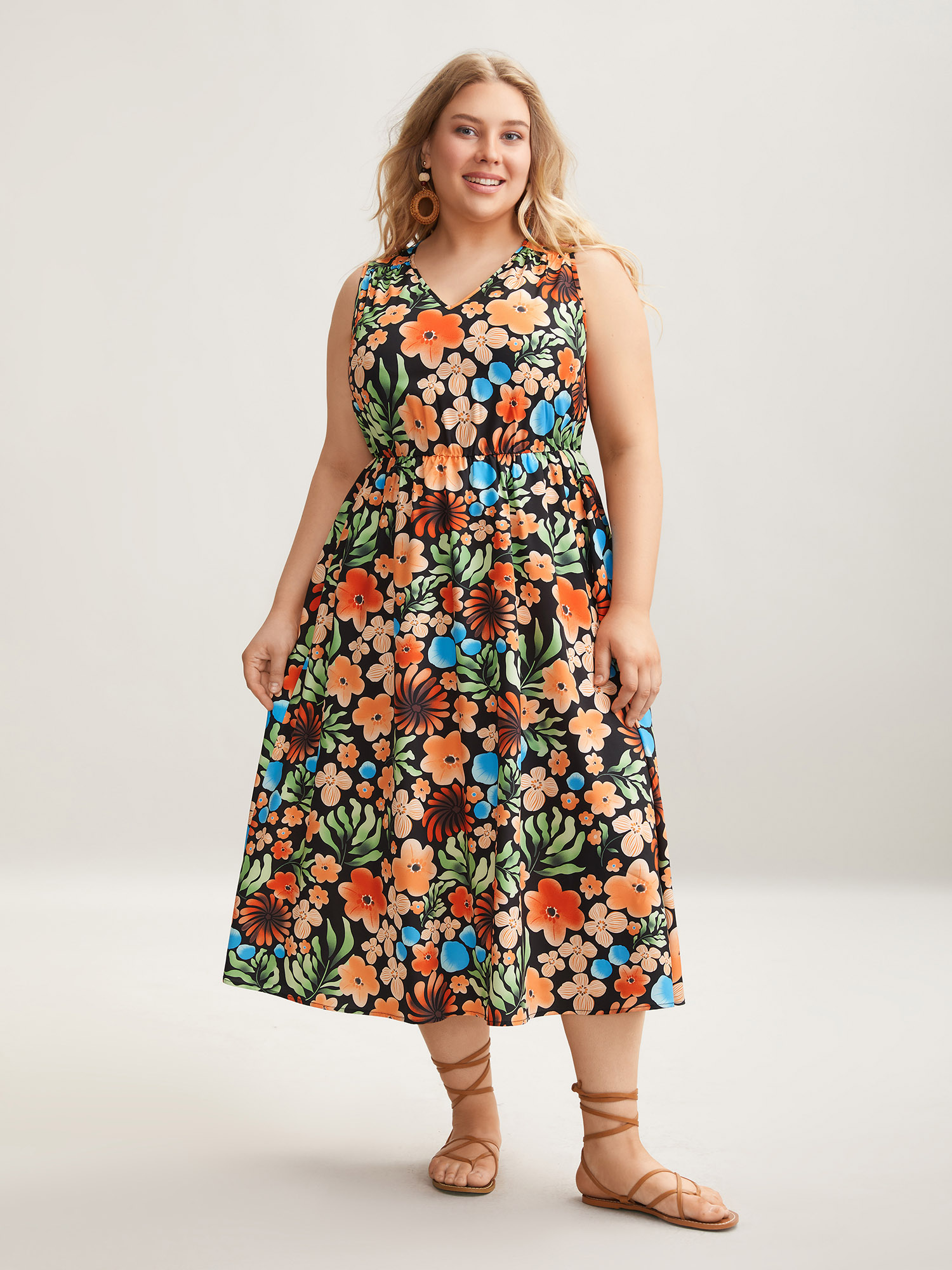 

Plus Size Multi-Color Floral Print Sleeveless Midi Dress Multicolor Women Resort Gathered V-neck Sleeveless Curvy BloomChic