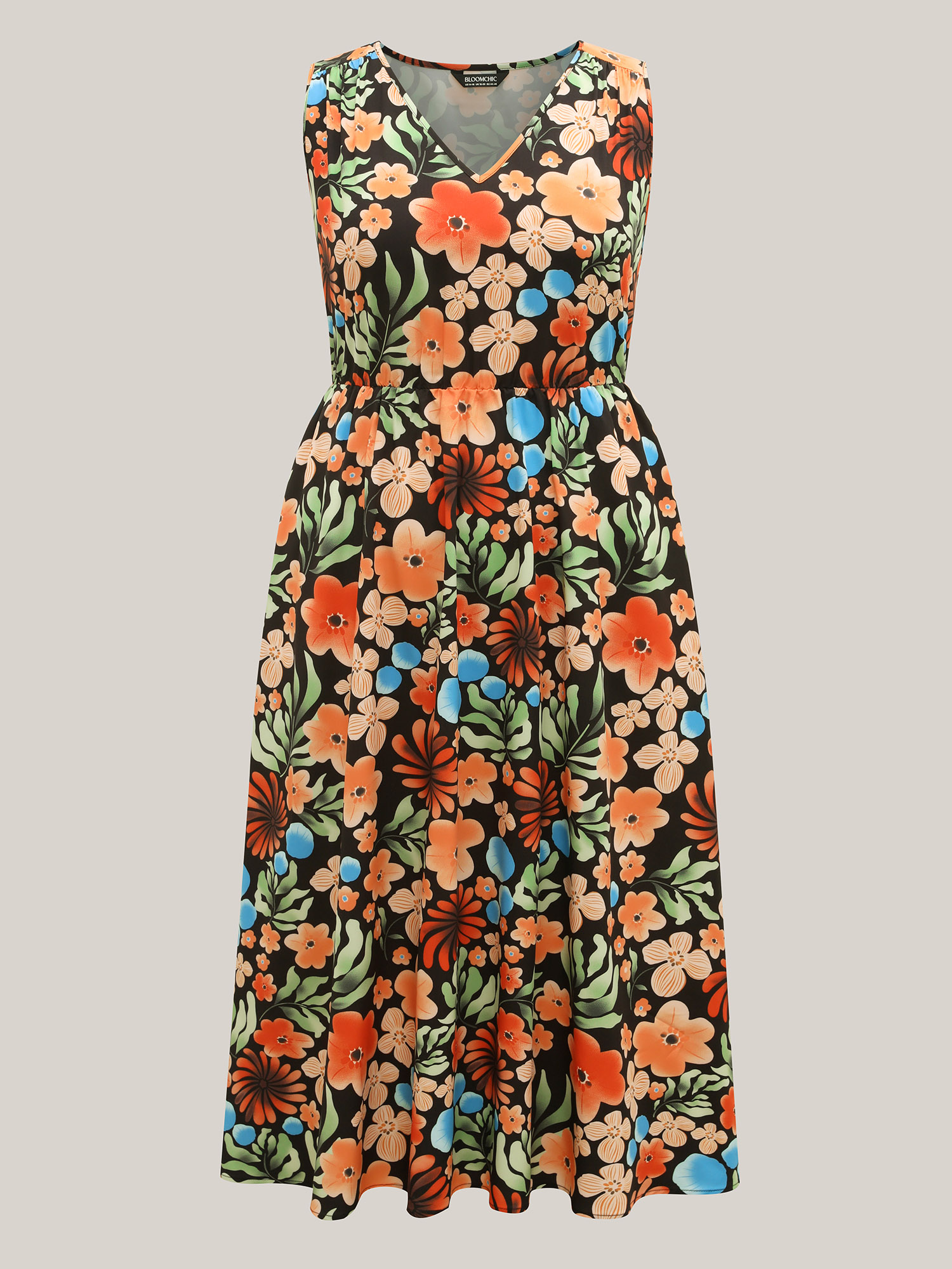 Plus Size Multi-Color Floral Print Sleeveless Midi Dress Multicolor Women Resort Gathered V-neck Sleeveless Curvy BloomChic 26/4X 