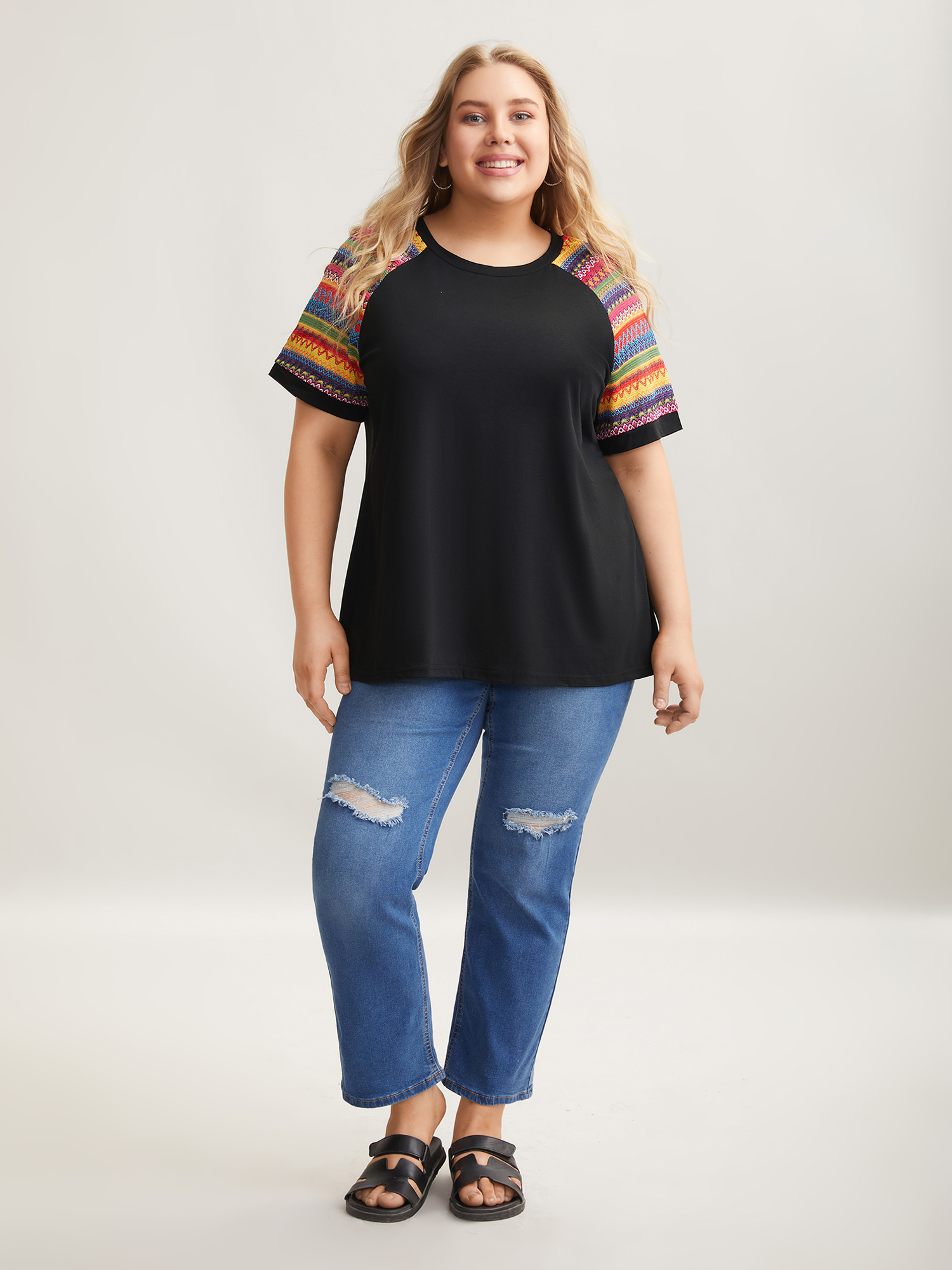Plus Size Multi-Color Striped Sleeve Spliced T-Shirt Black Women Casual Contrast Round Neck Everyday T-shirts BloomChic 10/M 