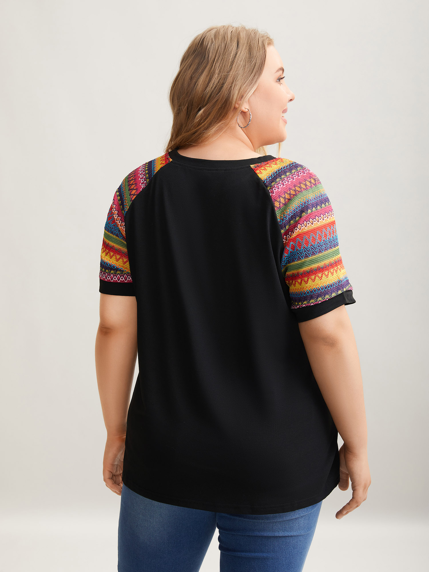 Plus Size Multi-Color Striped Sleeve Spliced T-Shirt Black Women Casual Contrast Round Neck Everyday T-shirts BloomChic 10/M 