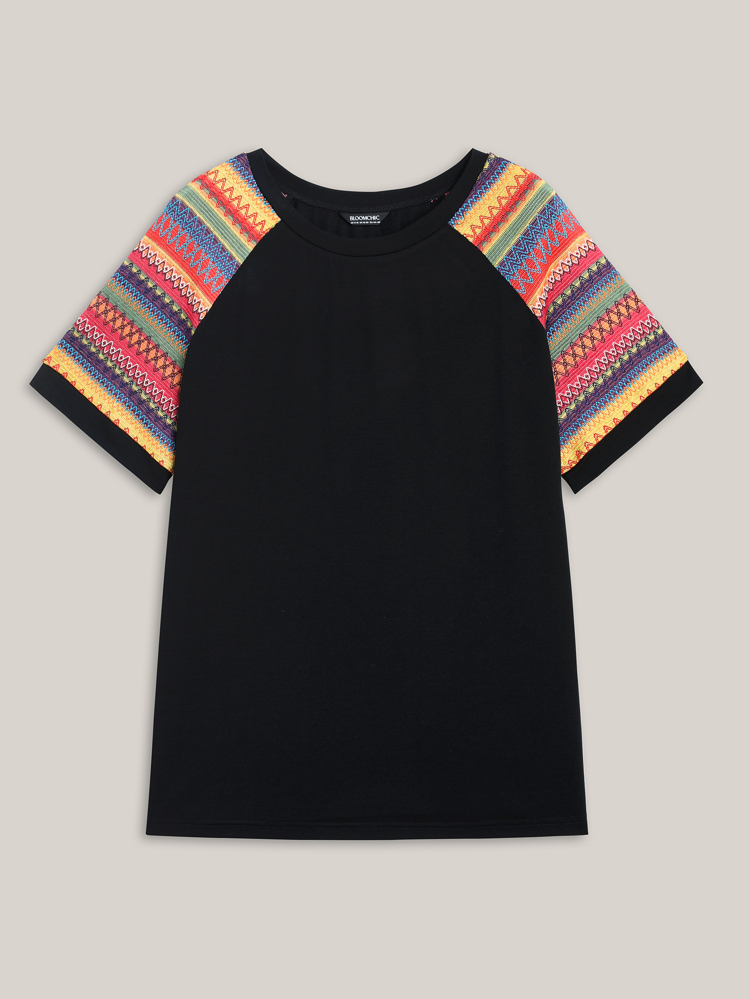 Plus Size Multi-Color Striped Sleeve Spliced T-Shirt Black Women Casual Contrast Round Neck Everyday T-shirts BloomChic 10/M 