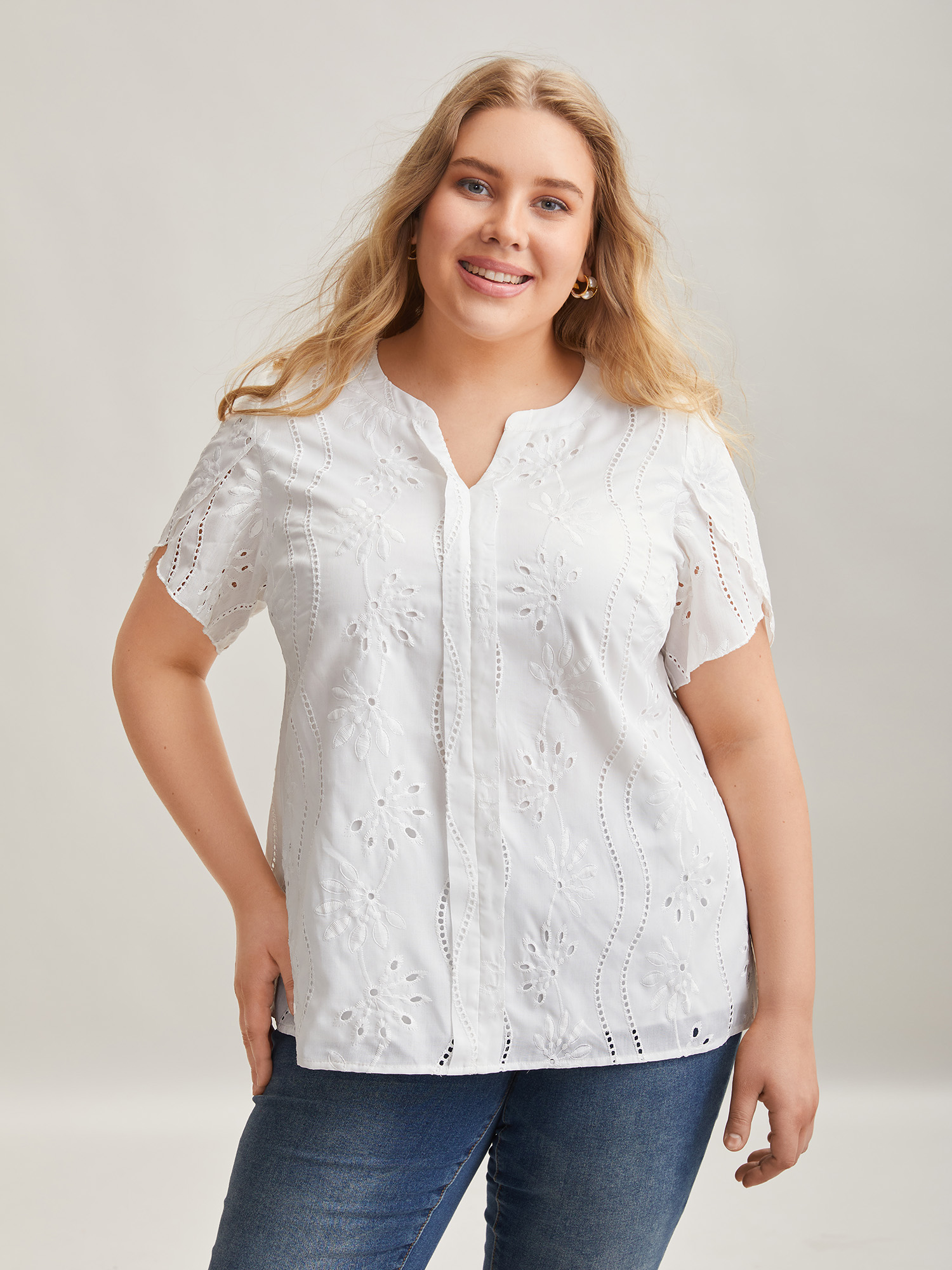 

Plus Size Originalwhite Embroidered Petal Sleeve Sheer Shirt Women Elegant Short sleeve Notched collar Everyday Blouses BloomChic