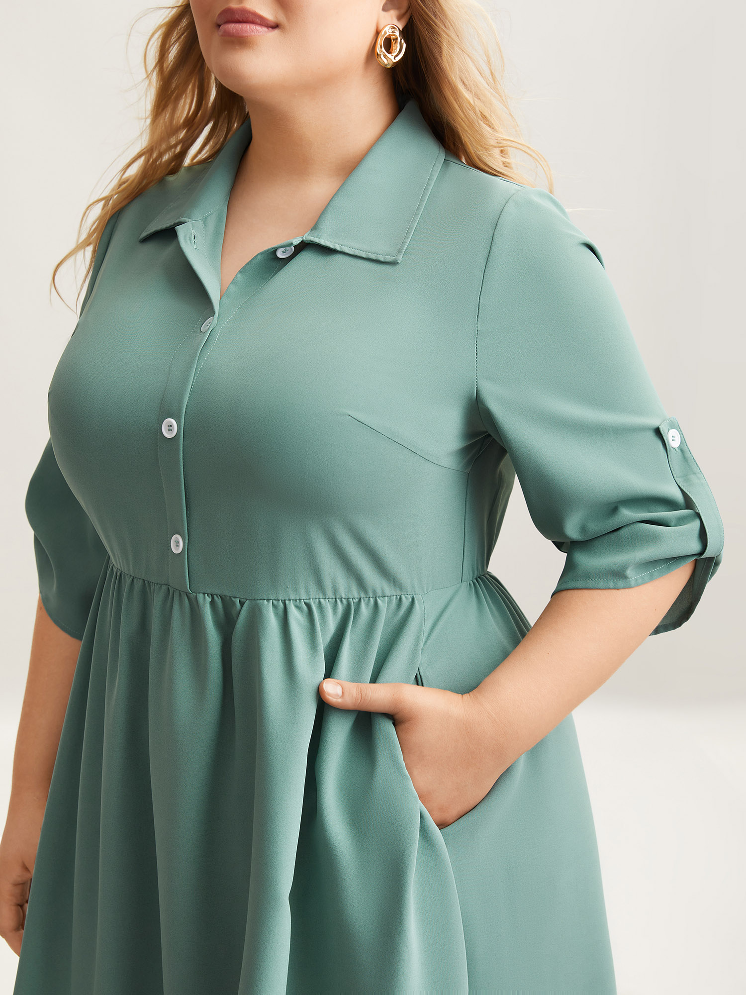 

Plus Size Shirt Collar Front Button Placket Midi Dress Greenbean Women At the Office Button Shirt collar Elbow-length sleeve Curvy BloomChic