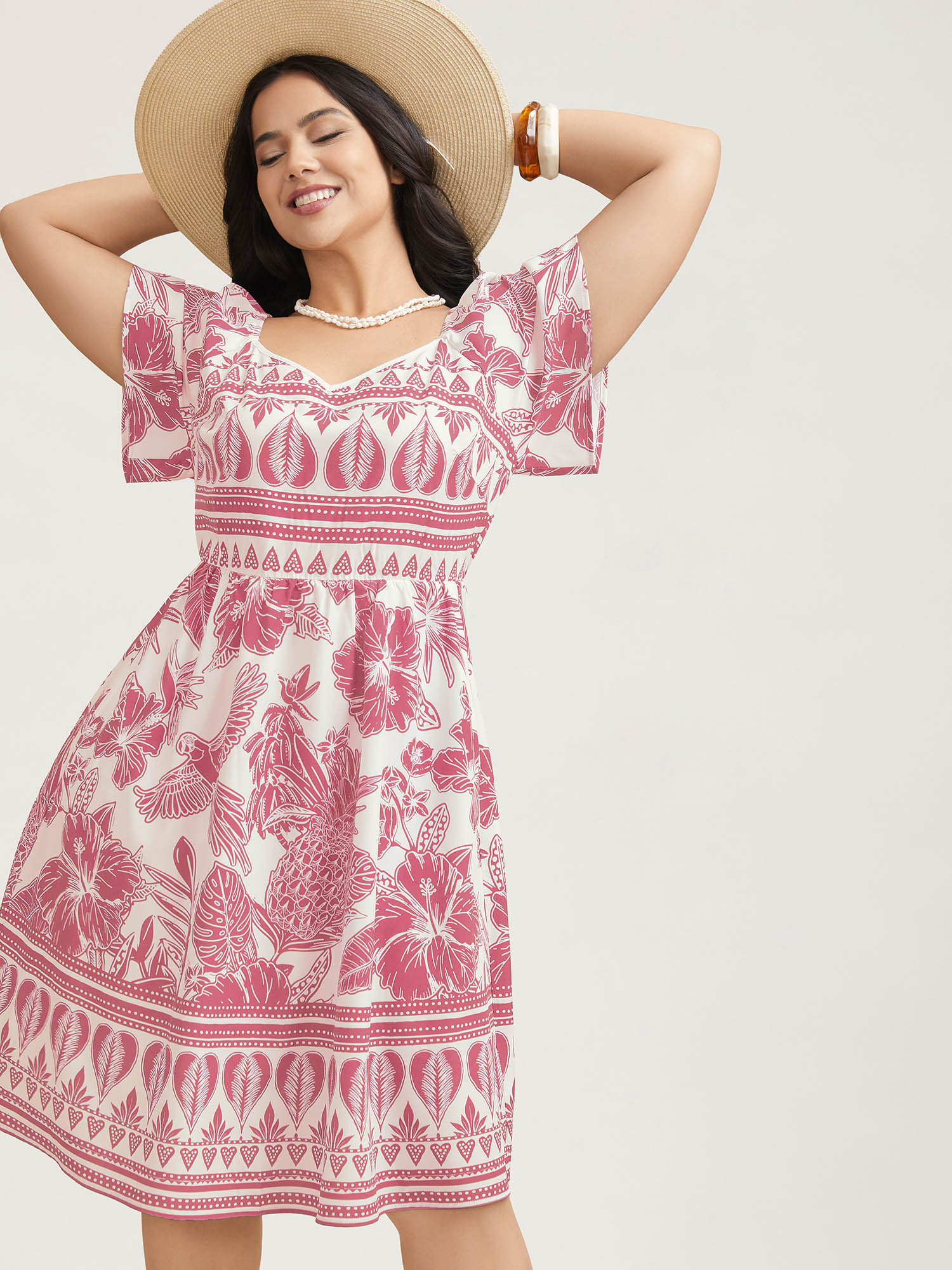 

Plus Size Boho Print Fit Flare Pockets Midi Dress Blush Women Resort Non Heart neckline Short sleeve Curvy BloomChic