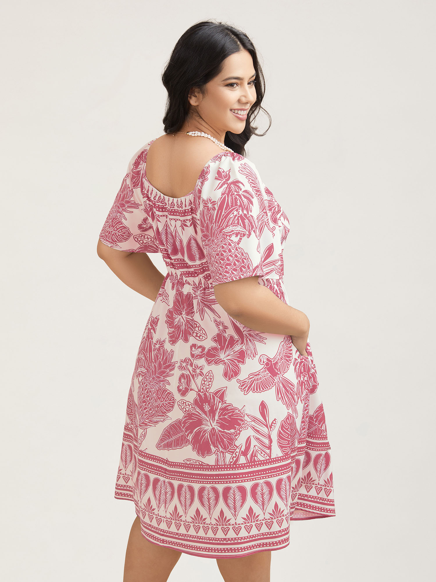 Plus Size Boho Print Fit Flare Pockets Midi Dress Blush Women Resort Non Heart neckline Short sleeve Curvy BloomChic 30/6X 