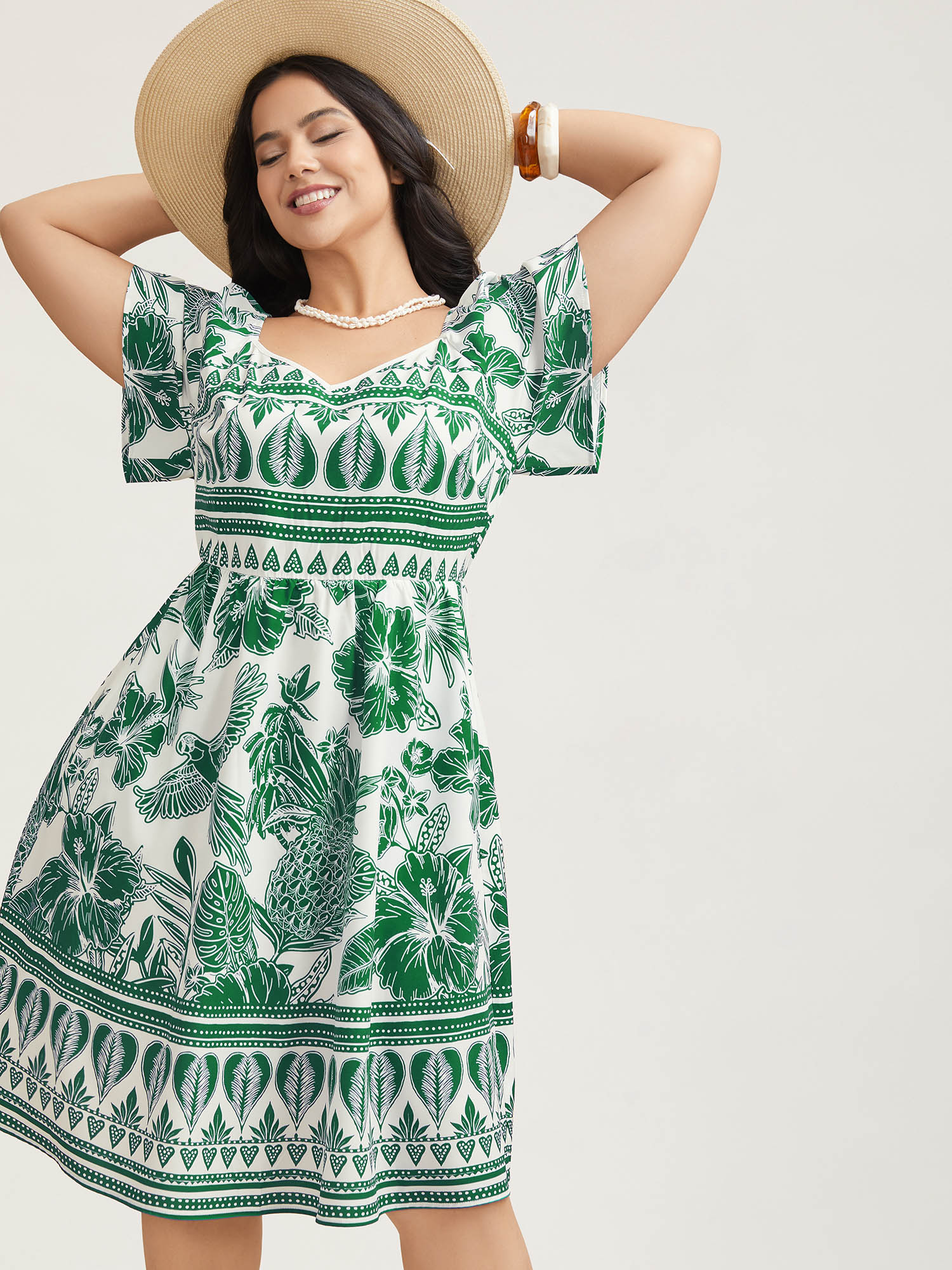 

Plus Size Boho Print Fit Flare Pockets Midi Dress Truegreen Women Resort Non Heart neckline Short sleeve Curvy BloomChic