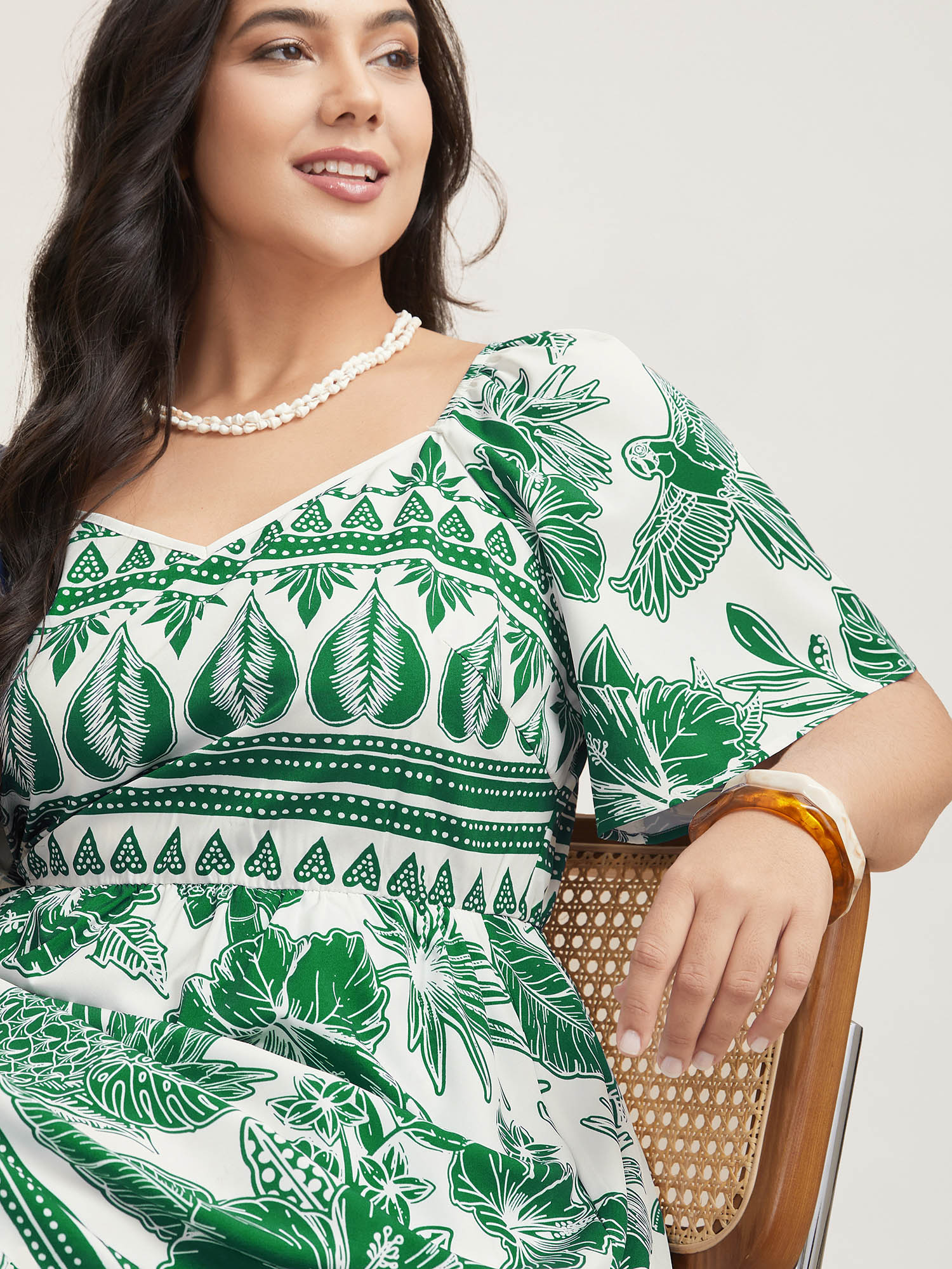 Plus Size Boho Print Fit Flare Pockets Midi Dress Truegreen Women Resort Non Heart neckline Short sleeve Curvy BloomChic 14-16/1X 