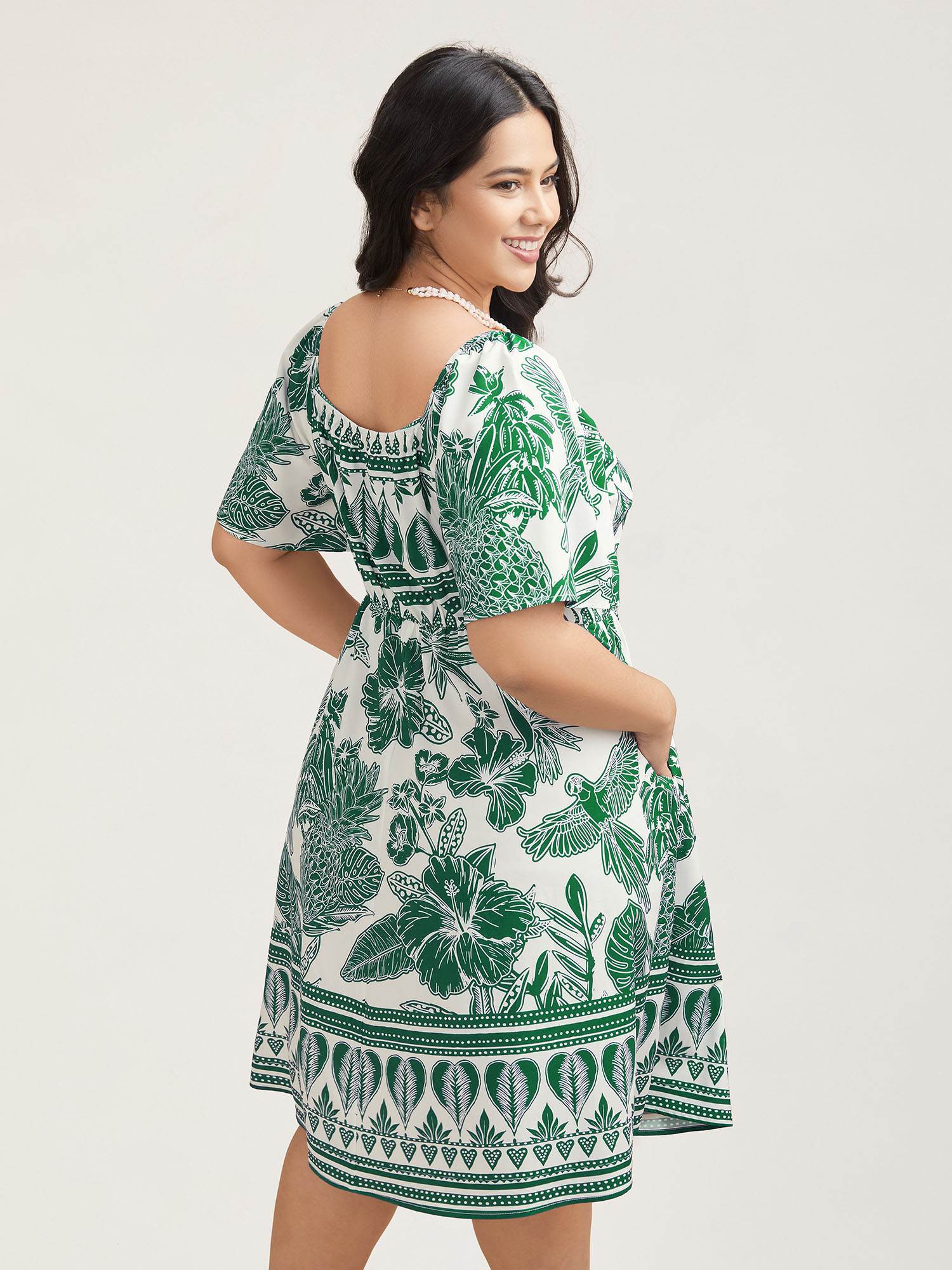 

Plus Size Boho Print Fit Flare Pockets Midi Dress Truegreen Women Resort Non Heart neckline Short sleeve Curvy BloomChic