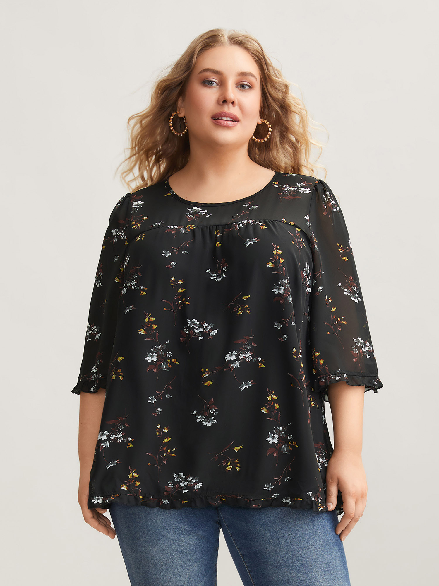 

Plus Size Black Floral Print Sheer Ruffled Trim Sleeve Shirt Women Elegant Elbow-length sleeve Round Neck Everyday Blouses BloomChic