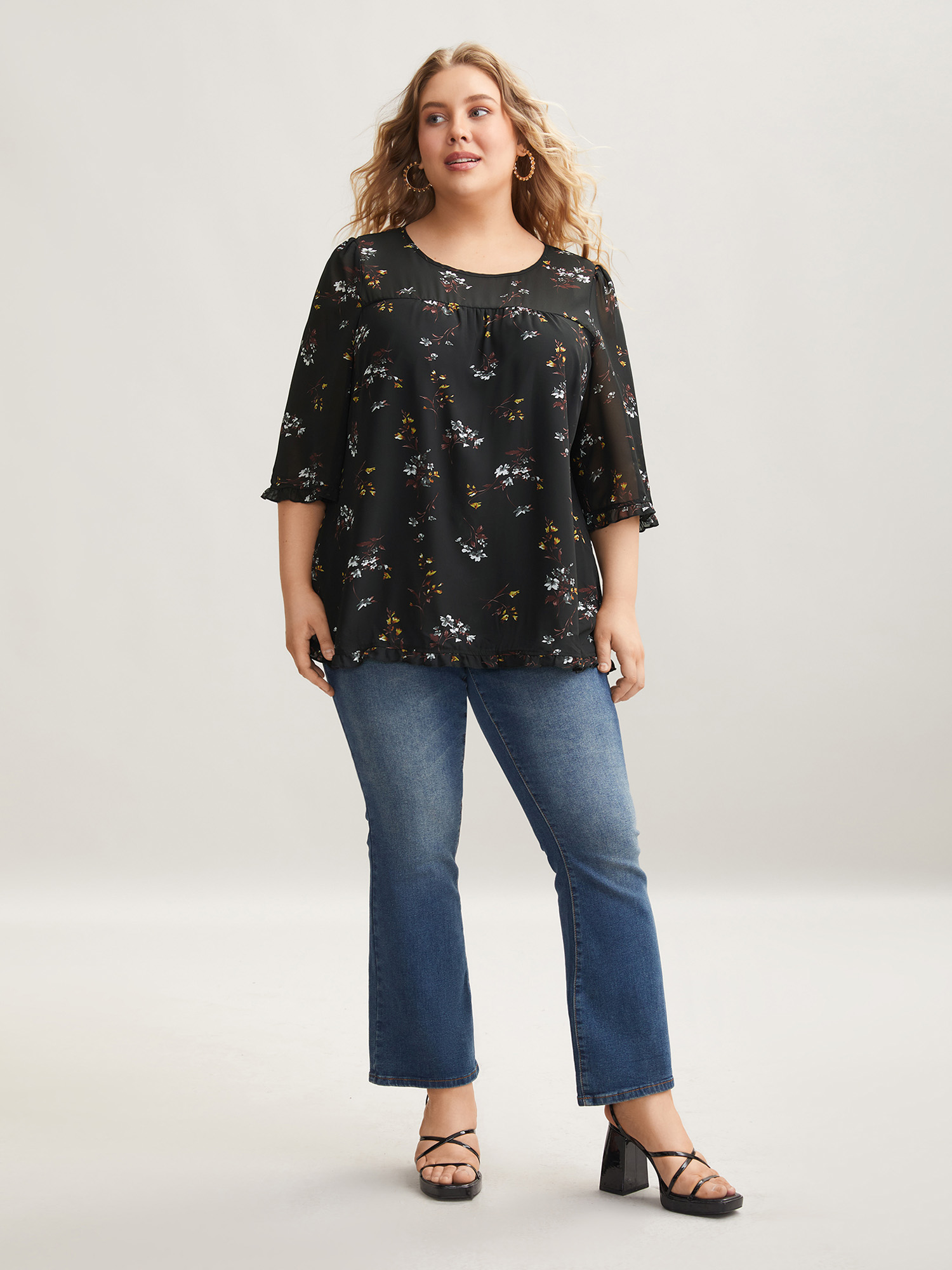 Plus Size Black Floral Print Sheer Ruffled Trim Sleeve Shirt Women Elegant Elbow-length sleeve Round Neck Everyday Blouses BloomChic 18-20/2X 