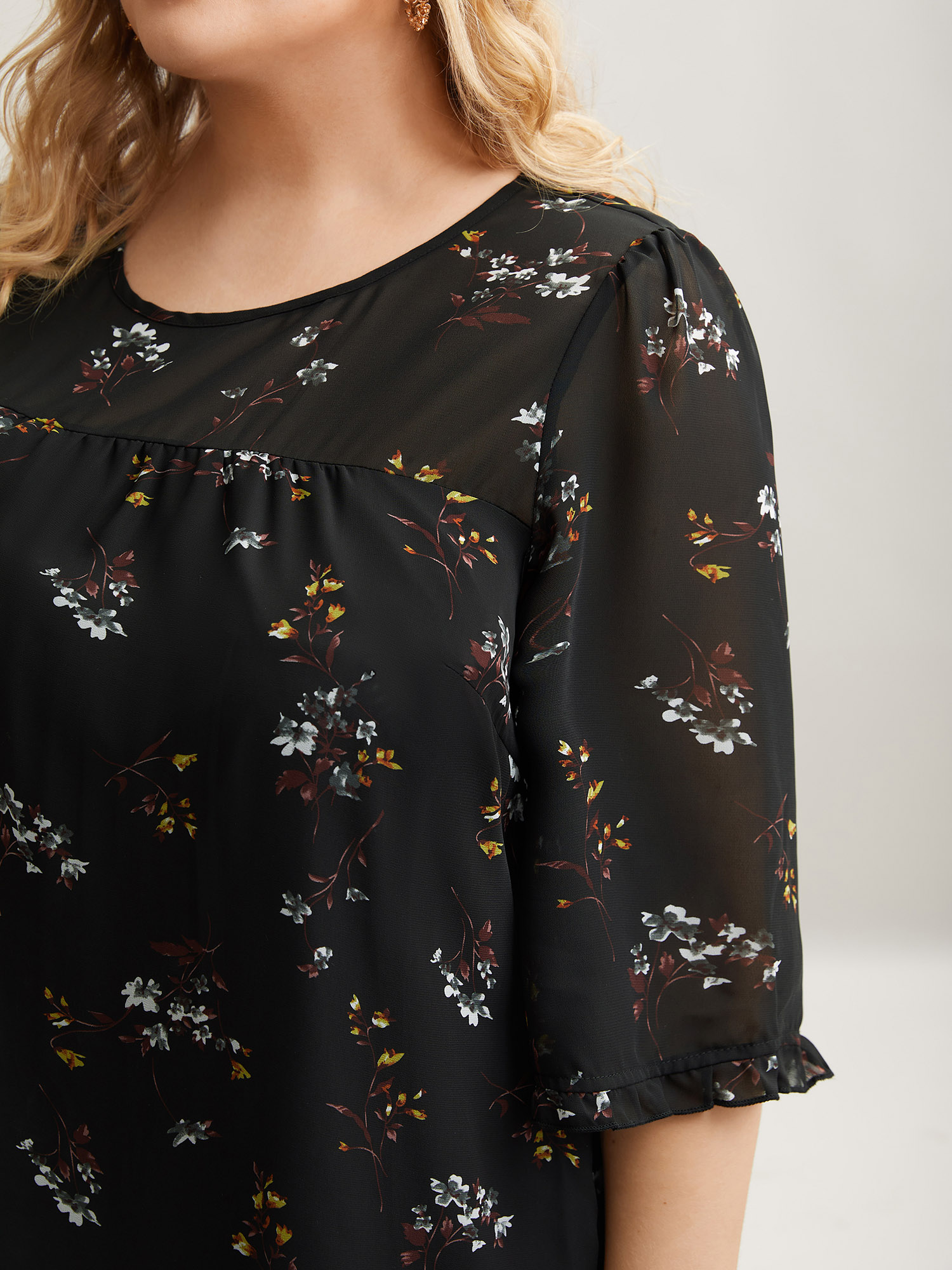Plus Size Black Floral Print Sheer Ruffled Trim Sleeve Shirt Women Elegant Elbow-length sleeve Round Neck Everyday Blouses BloomChic 18-20/2X 