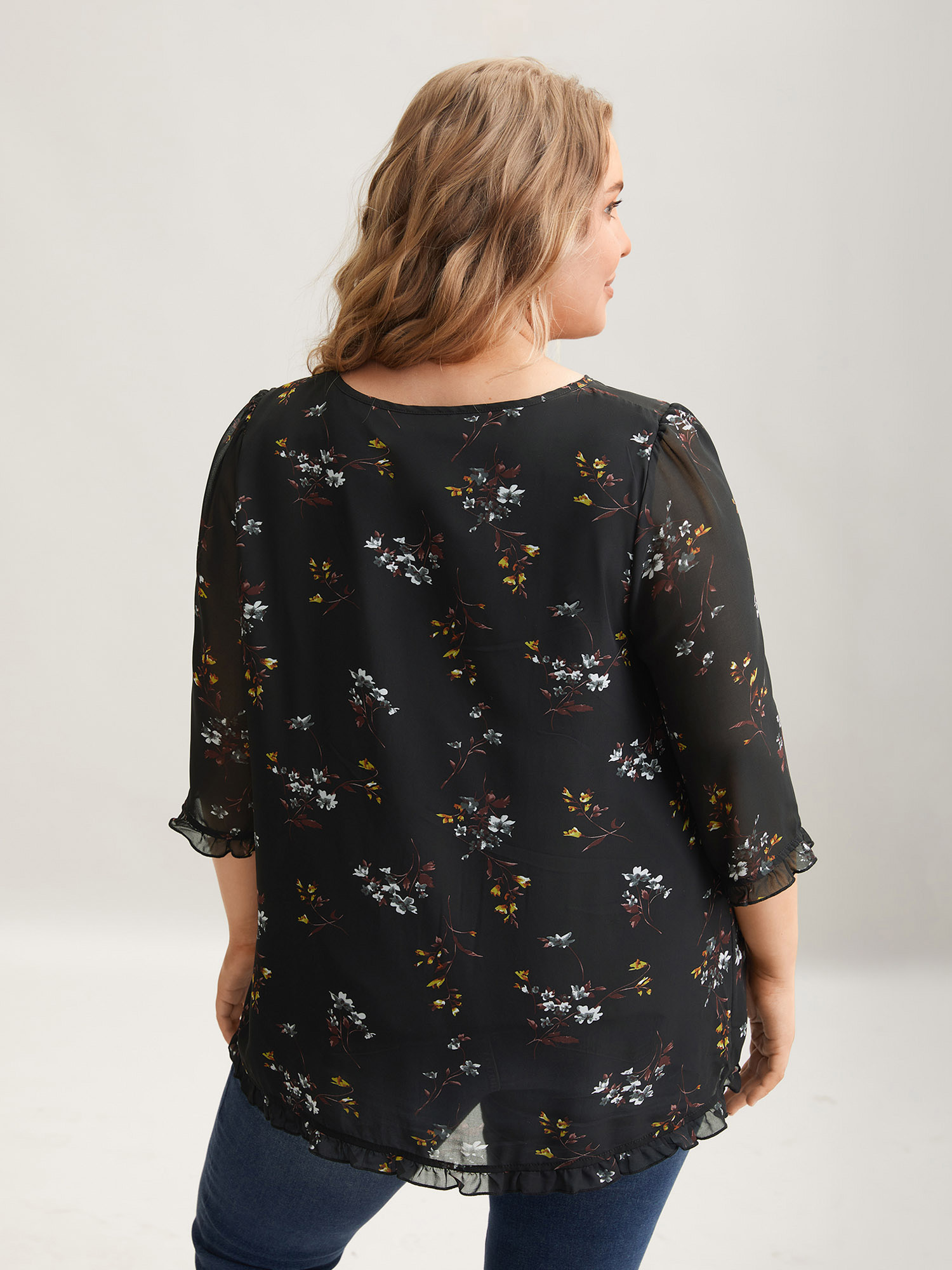 Plus Size Black Floral Print Sheer Ruffled Trim Sleeve Shirt Women Elegant Elbow-length sleeve Round Neck Everyday Blouses BloomChic 18-20/2X 