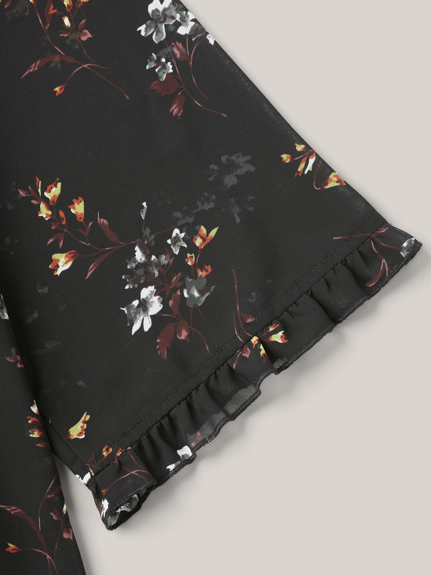 Plus Size Black Floral Print Sheer Ruffled Trim Sleeve Shirt Women Elegant Elbow-length sleeve Round Neck Everyday Blouses BloomChic 18-20/2X 