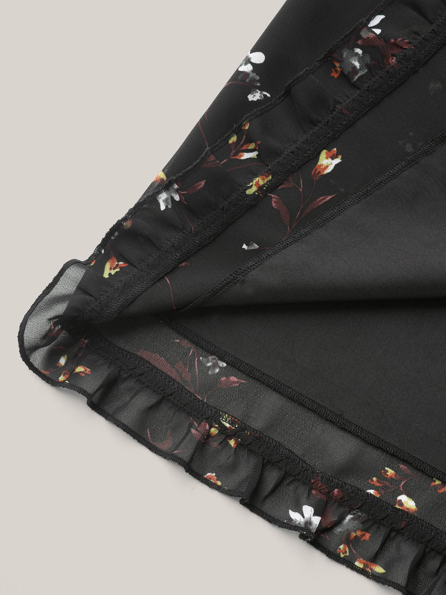 Plus Size Black Floral Print Sheer Ruffled Trim Sleeve Shirt Women Elegant Elbow-length sleeve Round Neck Everyday Blouses BloomChic 18-20/2X 