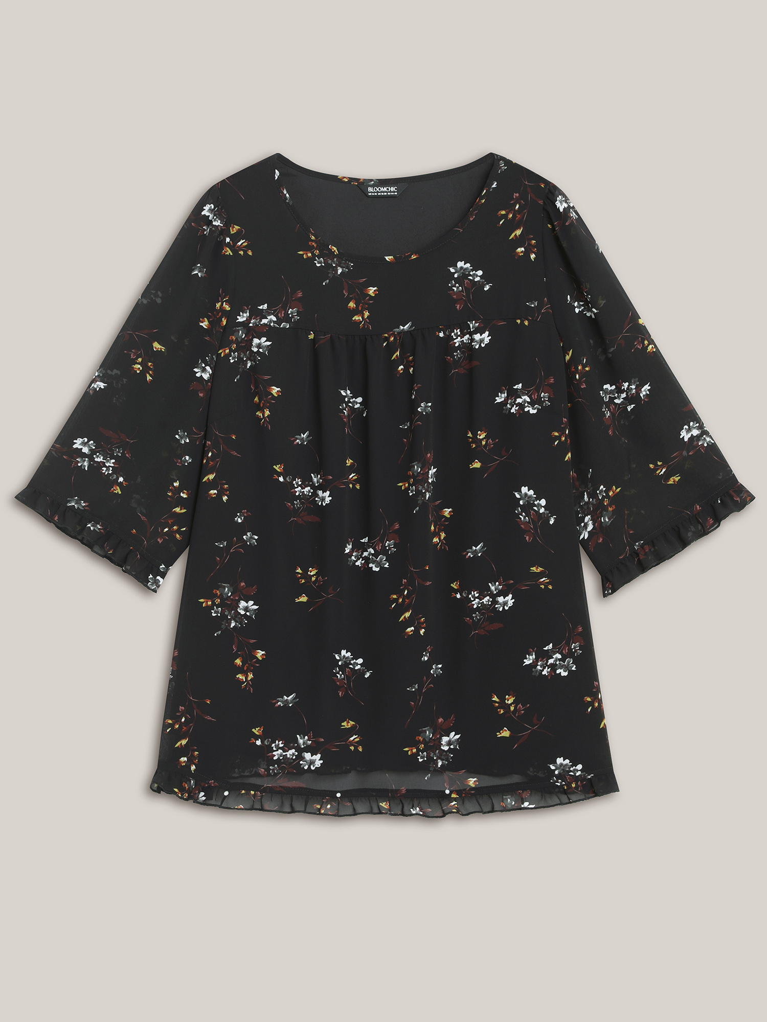 Plus Size Black Floral Print Sheer Ruffled Trim Sleeve Shirt Women Elegant Elbow-length sleeve Round Neck Everyday Blouses BloomChic 18-20/2X 