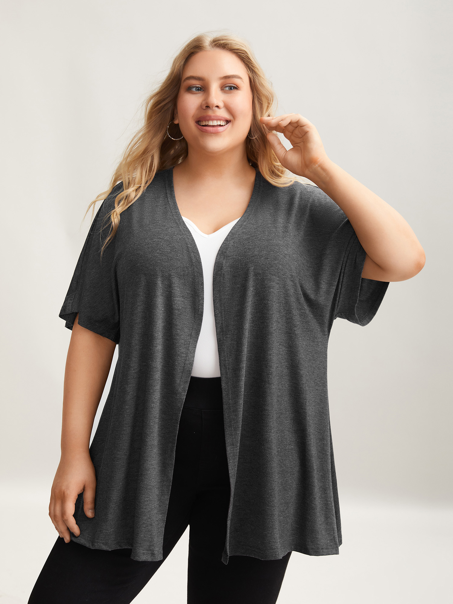 

Plus Size Flared Sleeve Open-Front Kimono Cardigan Women DimGray Casual Non Everyday Kimonos BloomChic