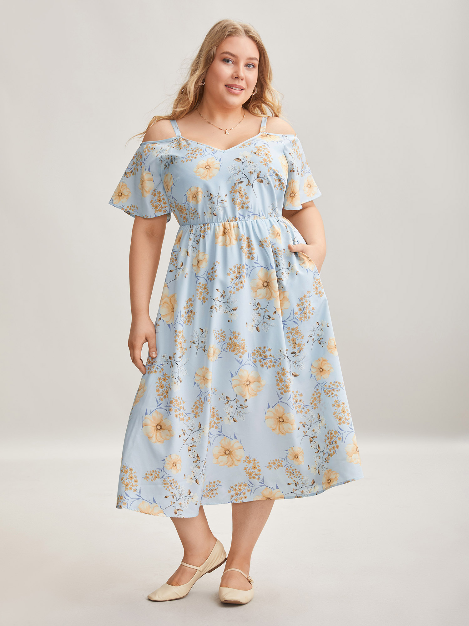 

Plus Size Floral Print Cold-Shoulder Pockets Midi Dress LightBlue Women Elegant Non Heart neckline Short sleeve Curvy BloomChic