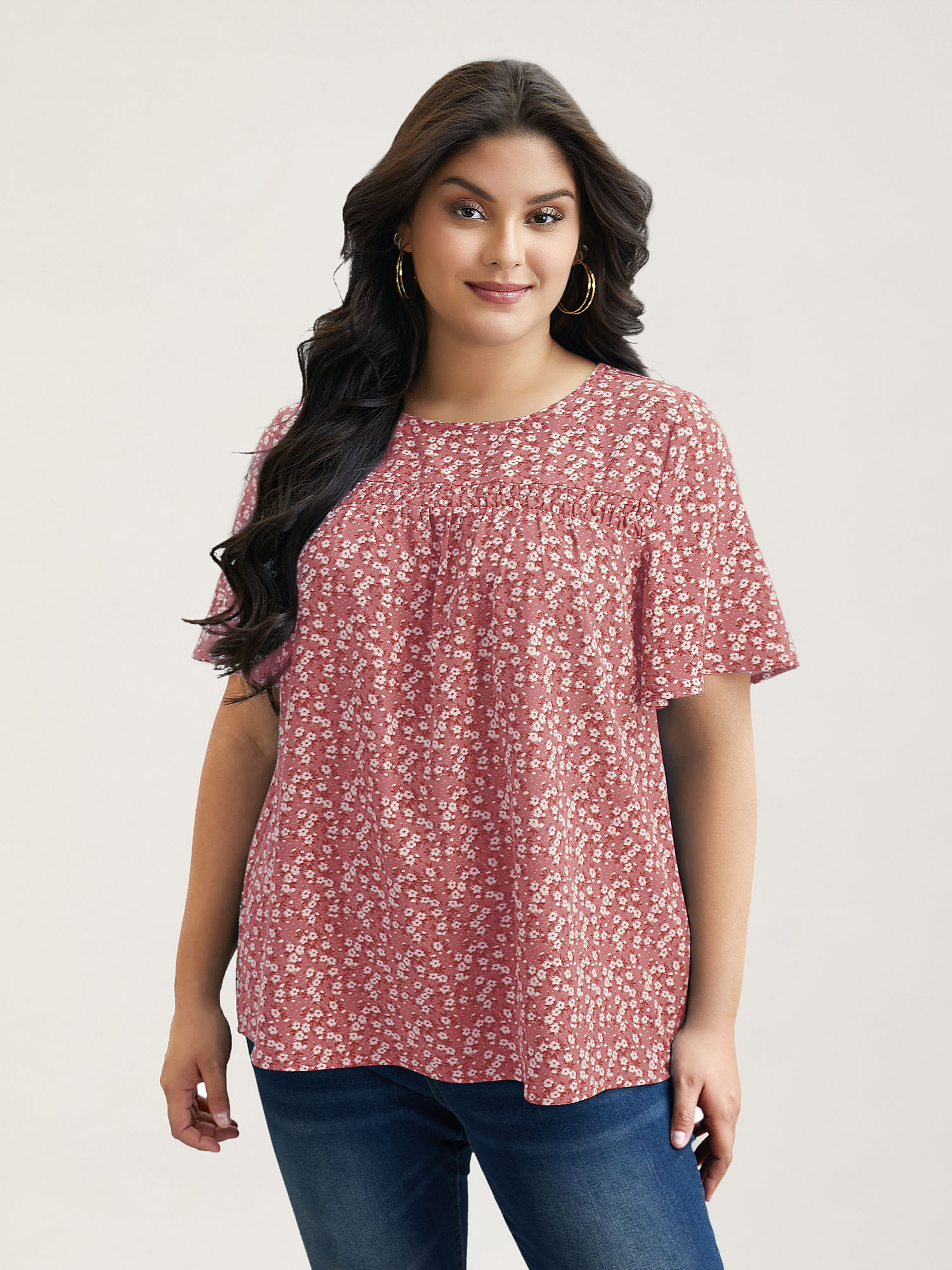 Plus Size Watermelon Floral Ruffle Sleeve Gathered Round Neck Blouse Women Casual Short sleeve Round Neck Everyday Blouses BloomChic 30/6X 