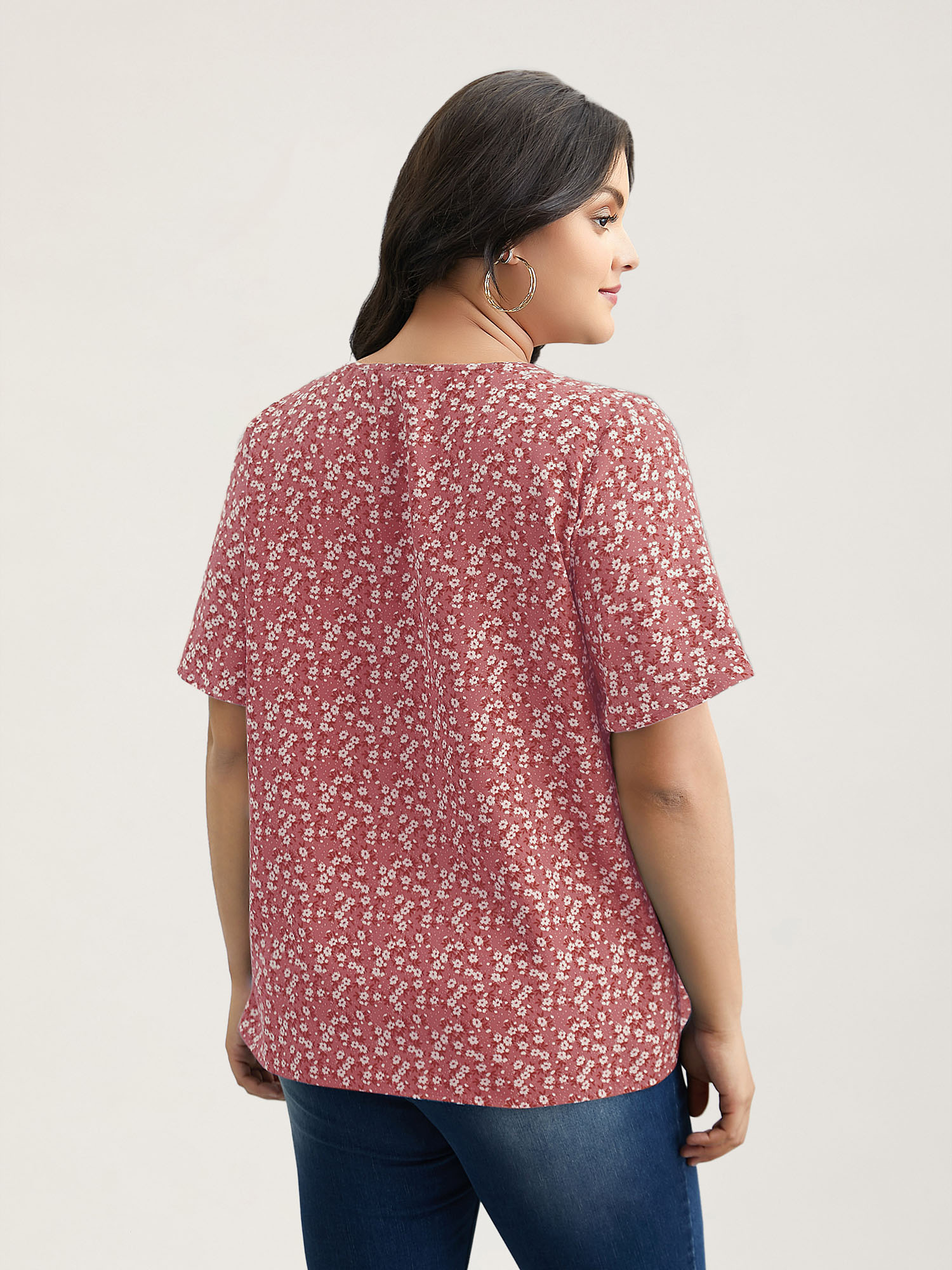 Plus Size Watermelon Floral Ruffle Sleeve Gathered Round Neck Blouse Women Casual Short sleeve Round Neck Everyday Blouses BloomChic 30/6X 