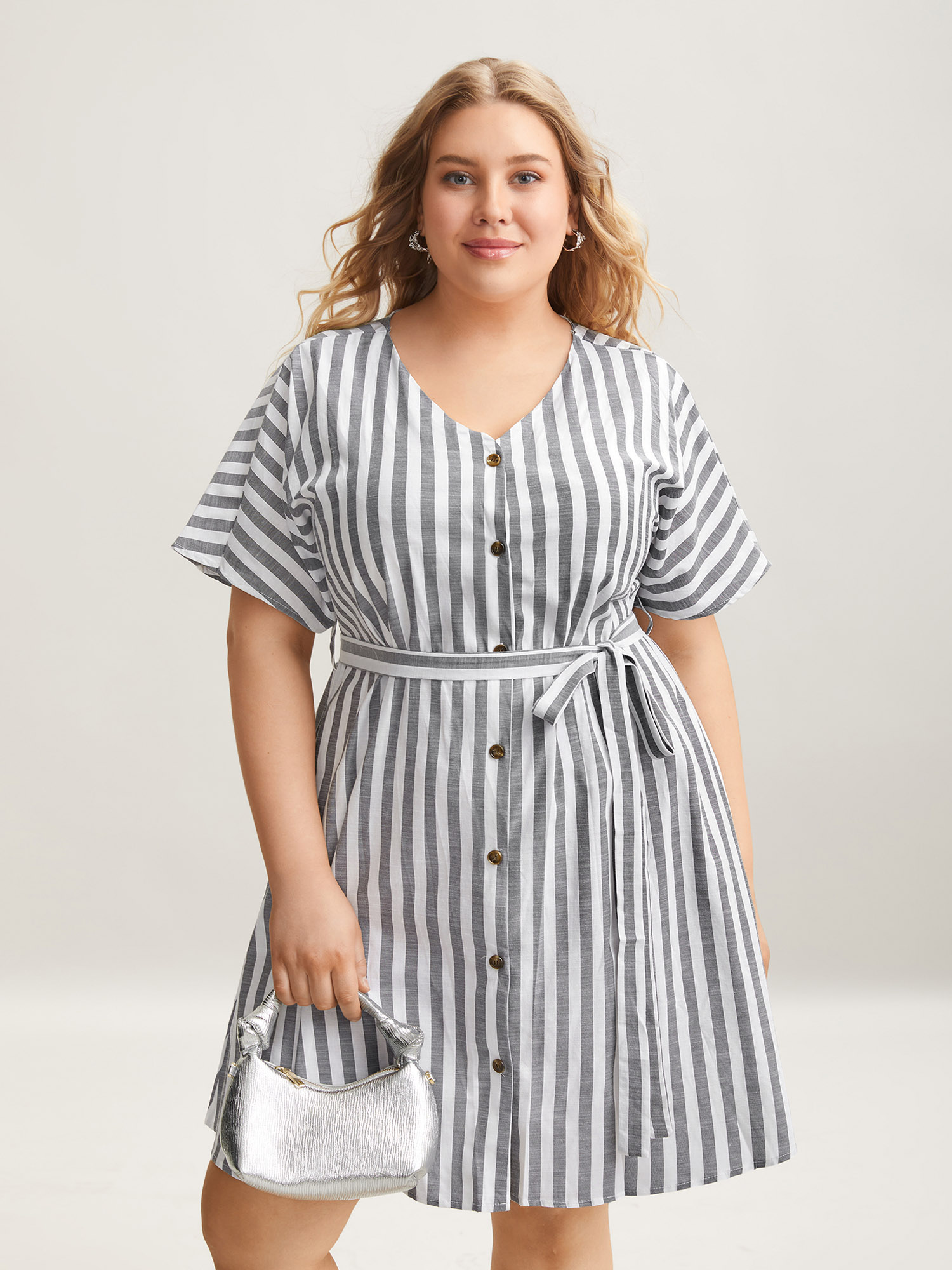 

Plus Size Striped V Neck Button Belted Knee Dress Black Women Office Gathered V-neck Short sleeve Curvy BloomChic