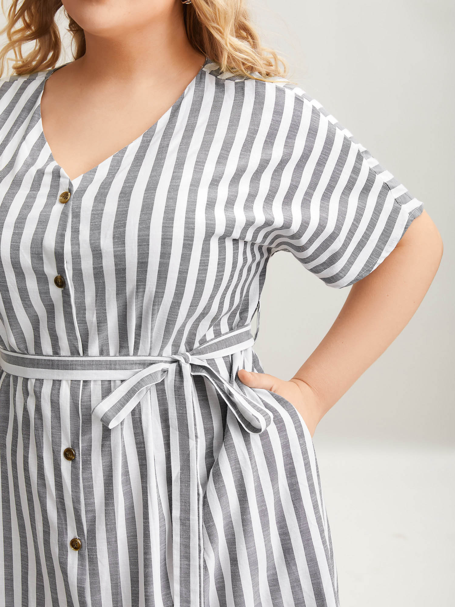 Plus Size Striped V Neck Button Belted Knee Dress Black Women Office Gathered V-neck Short sleeve Curvy BloomChic 14-16/1X 