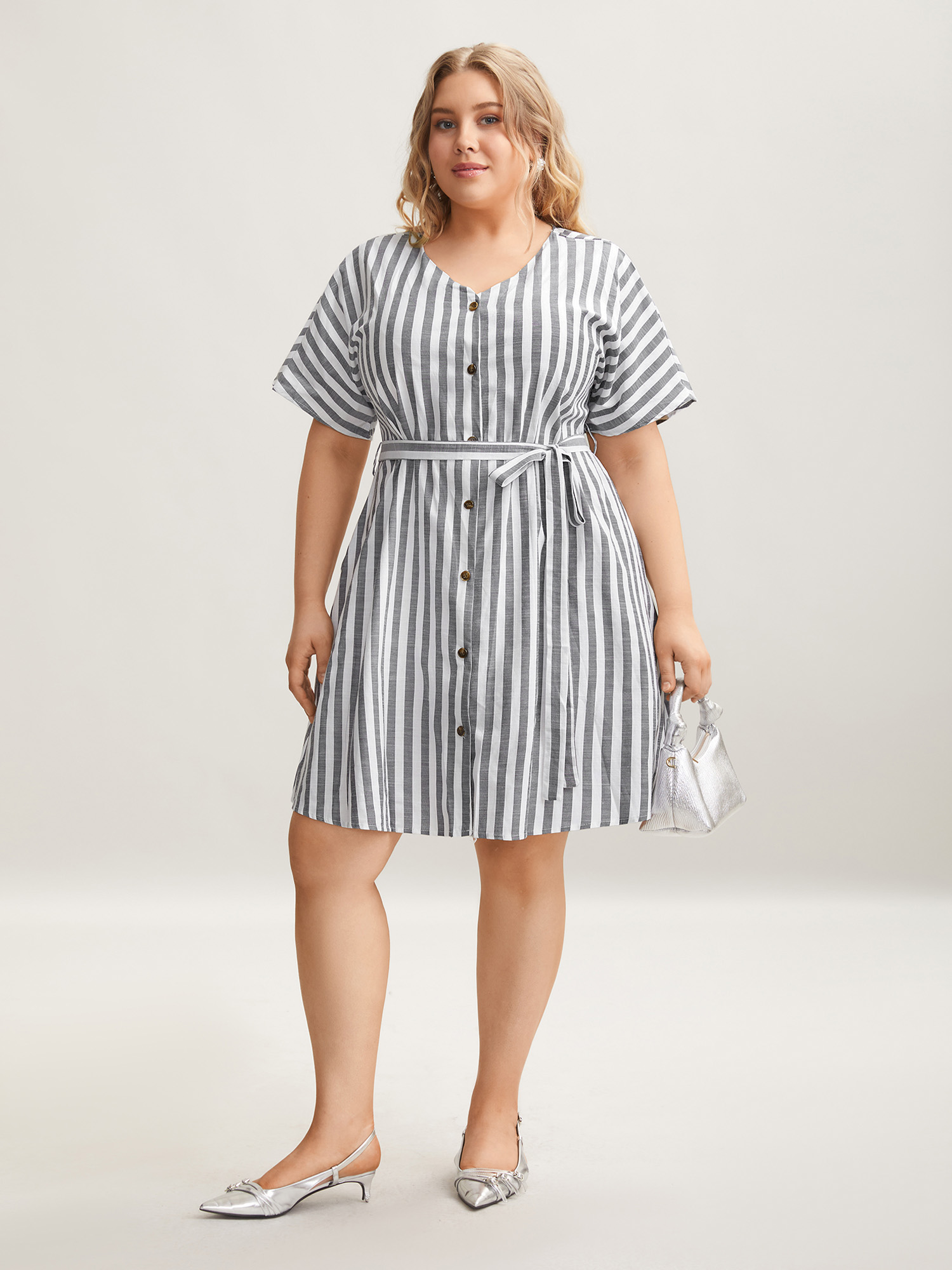 

Plus Size Striped V Neck Button Belted Knee Dress Black Women Office Gathered V-neck Short sleeve Curvy BloomChic