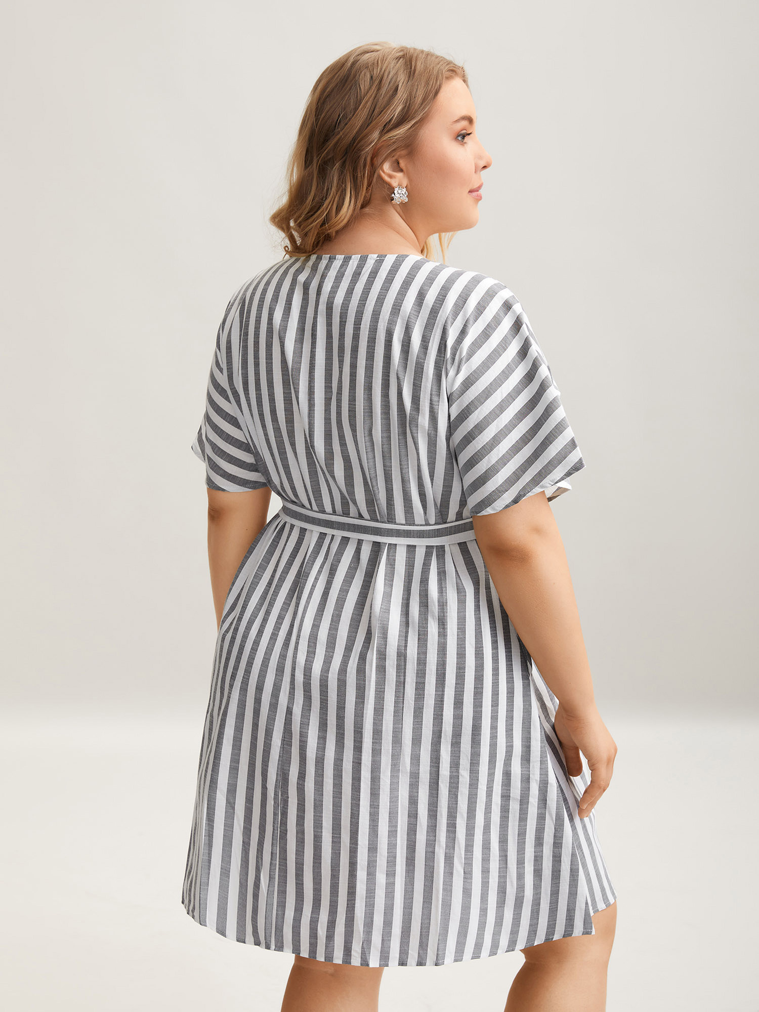 Plus Size Striped V Neck Button Belted Knee Dress Black Women Office Gathered V-neck Short sleeve Curvy BloomChic 14-16/1X 