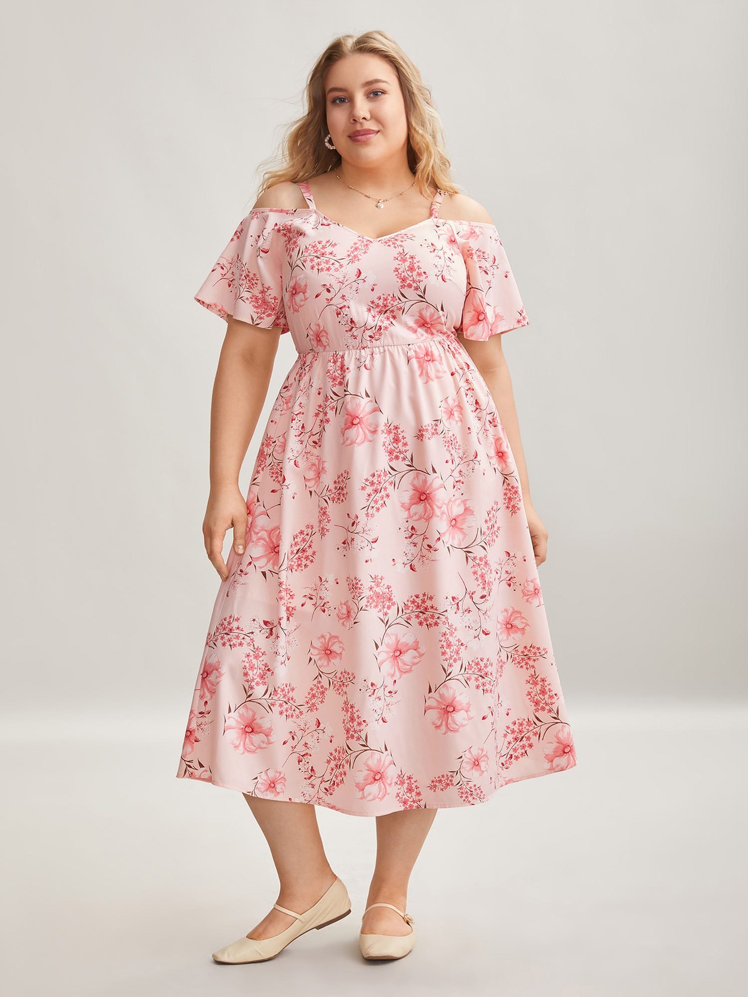 

Plus Size Floral Print Cold-Shoulder Pockets Midi Dress Lightpink Women Elegant Non Heart neckline Short sleeve Curvy BloomChic