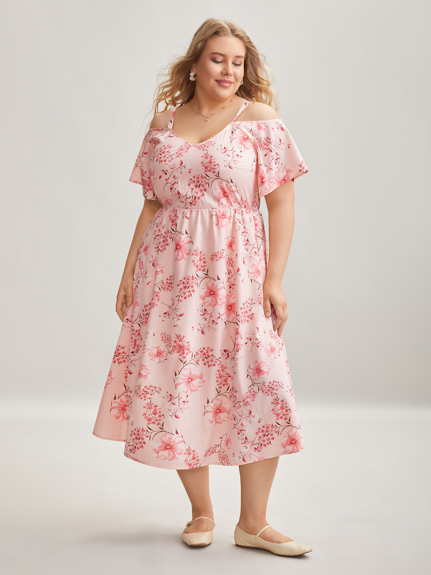 

Plus Size Floral Print Cold-Shoulder Pockets Midi Dress Lightpink Women Elegant Non Heart neckline Short sleeve Curvy BloomChic