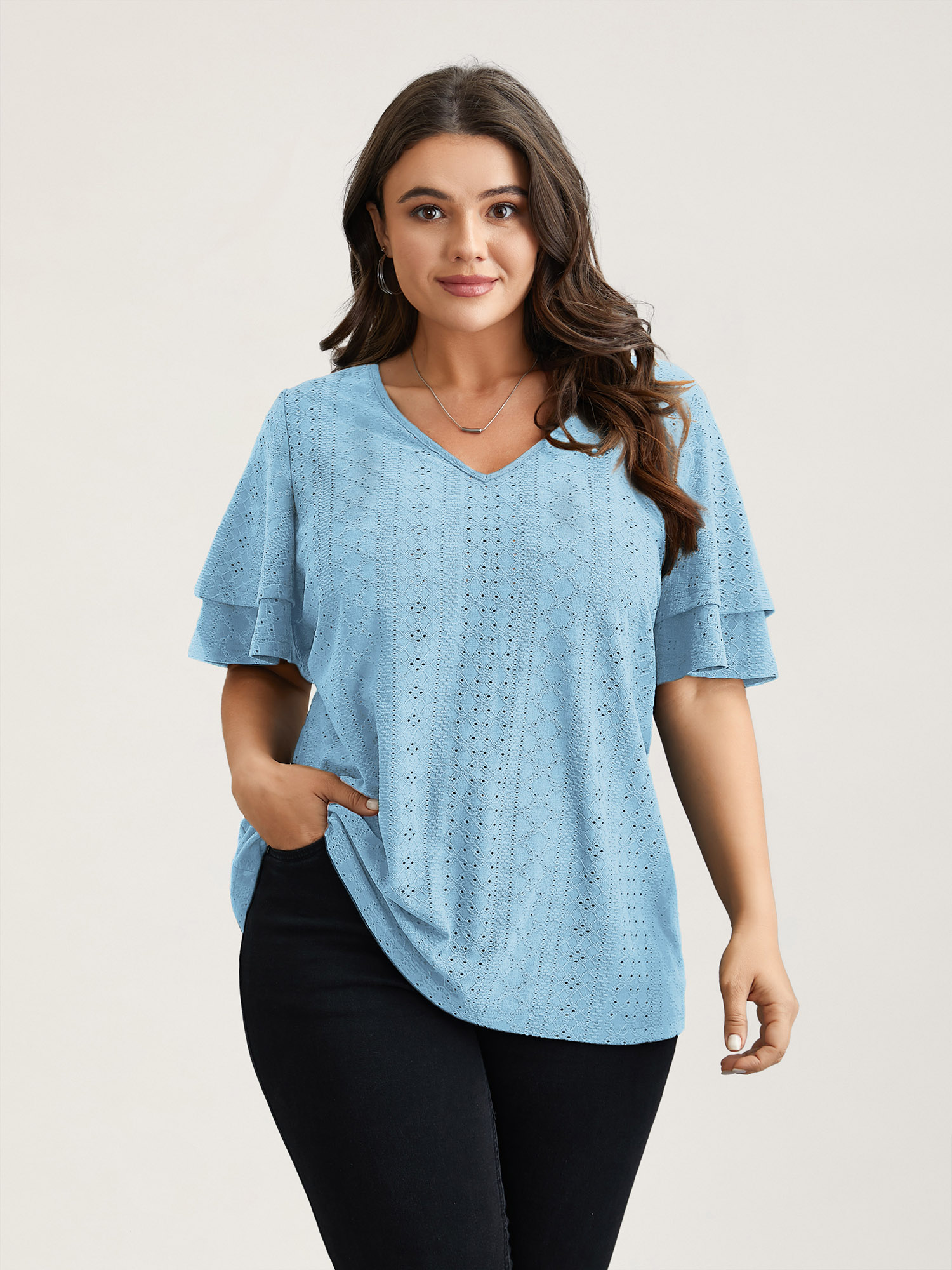 

Plus Size Jacquard Textured Lotus Leaf Sleeve Top LightBlue V-neck Short sleeve Elegant Jersey Tops